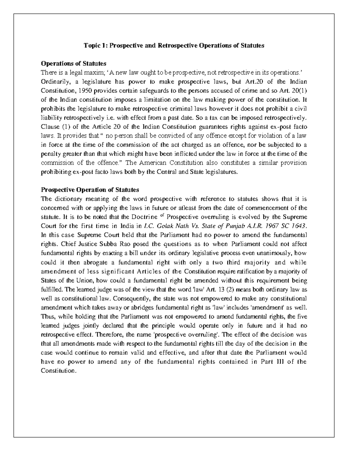 PSL 2023: Understanding Prospective and Retrospective Statutes - Studocu