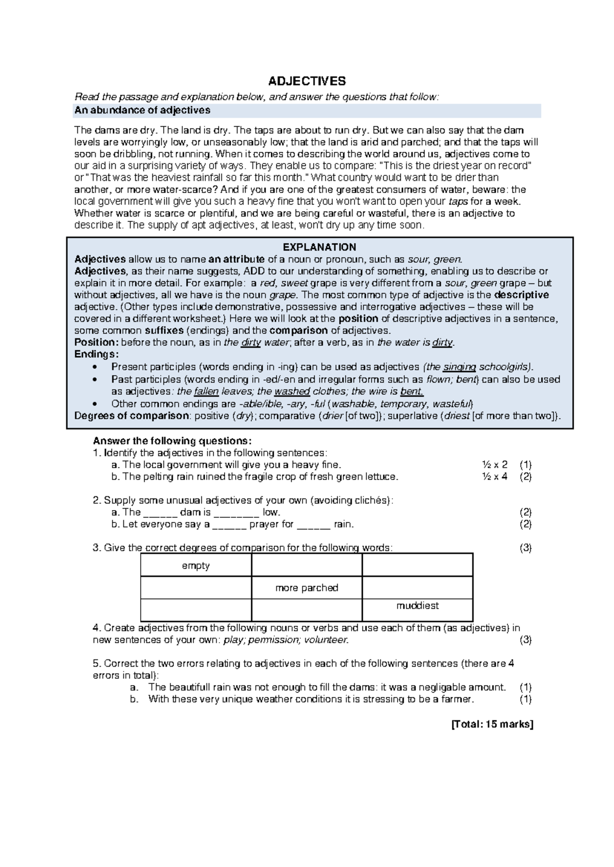 Adjectives - Summary, Notes, Examples & Questions (IEB/NSC/CAPS) - Studocu