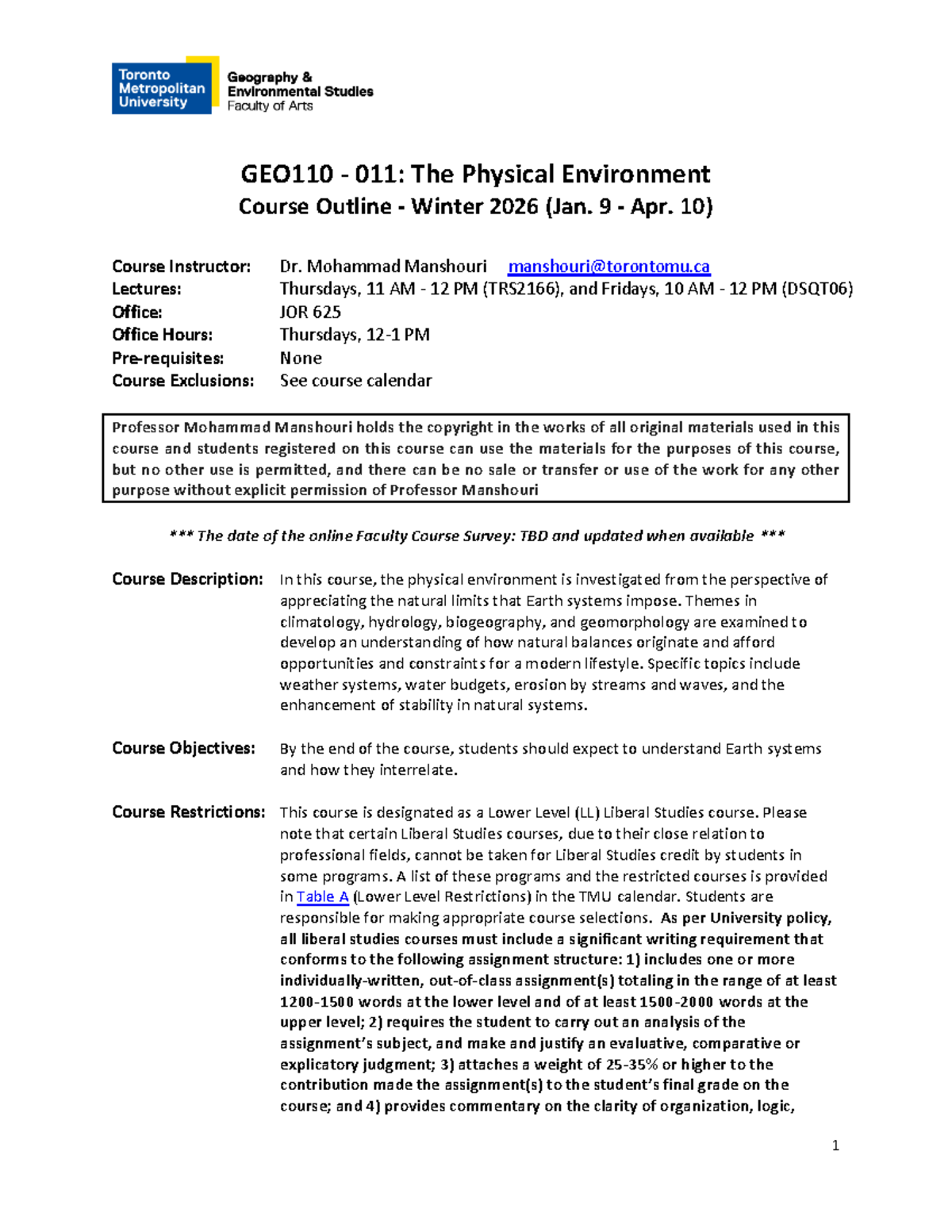 GEO110 011: Course Outline for The Physical Environment - Winter 2026 ...