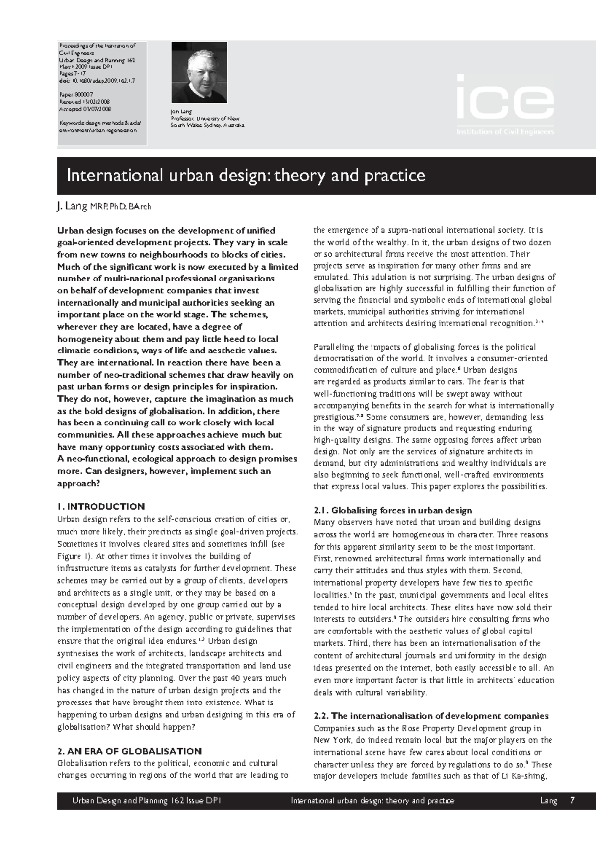 International Urban Design: Theory and Practice - JON LANG (UDP162 ...
