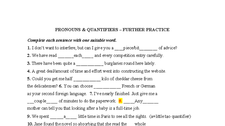 PRONOUNS & QUANTIFIERS EXERCISES - Practice Sentences and Answers - Studocu