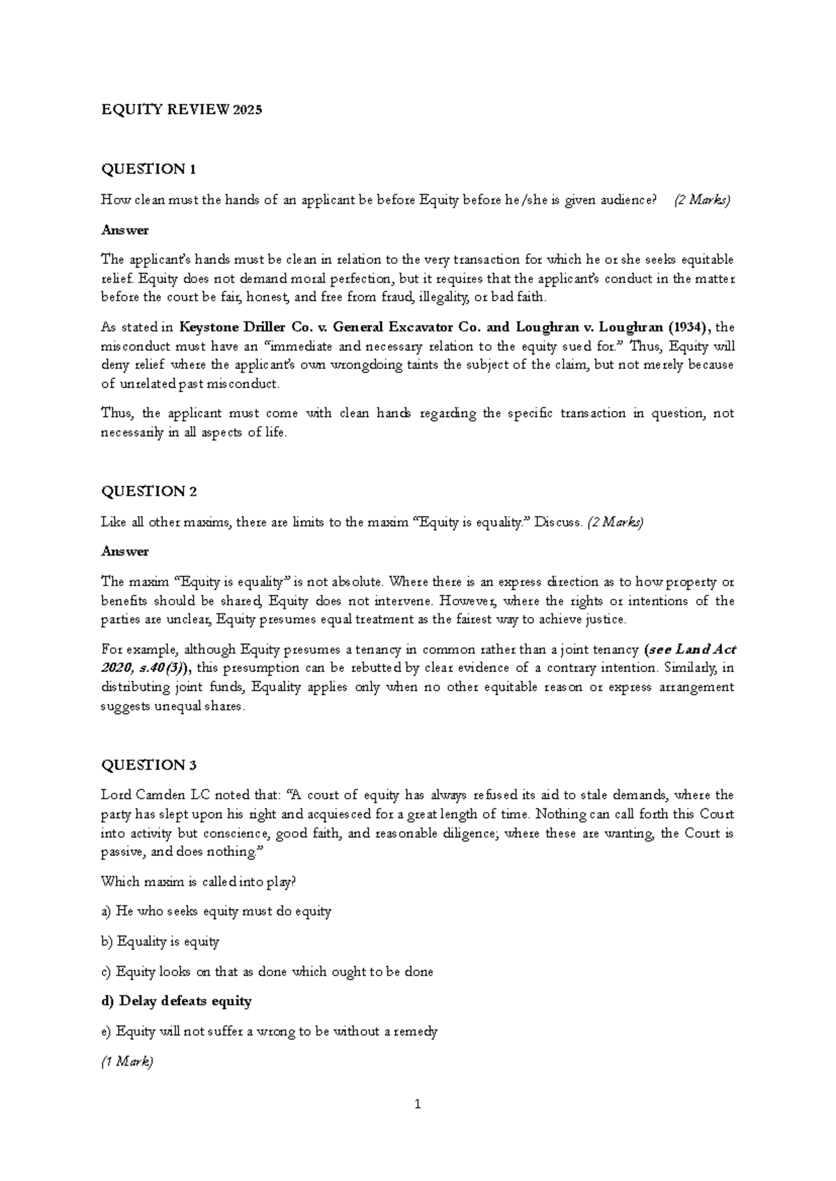 Equity Review 2025 - Tutorial Questions and Answers - Studocu