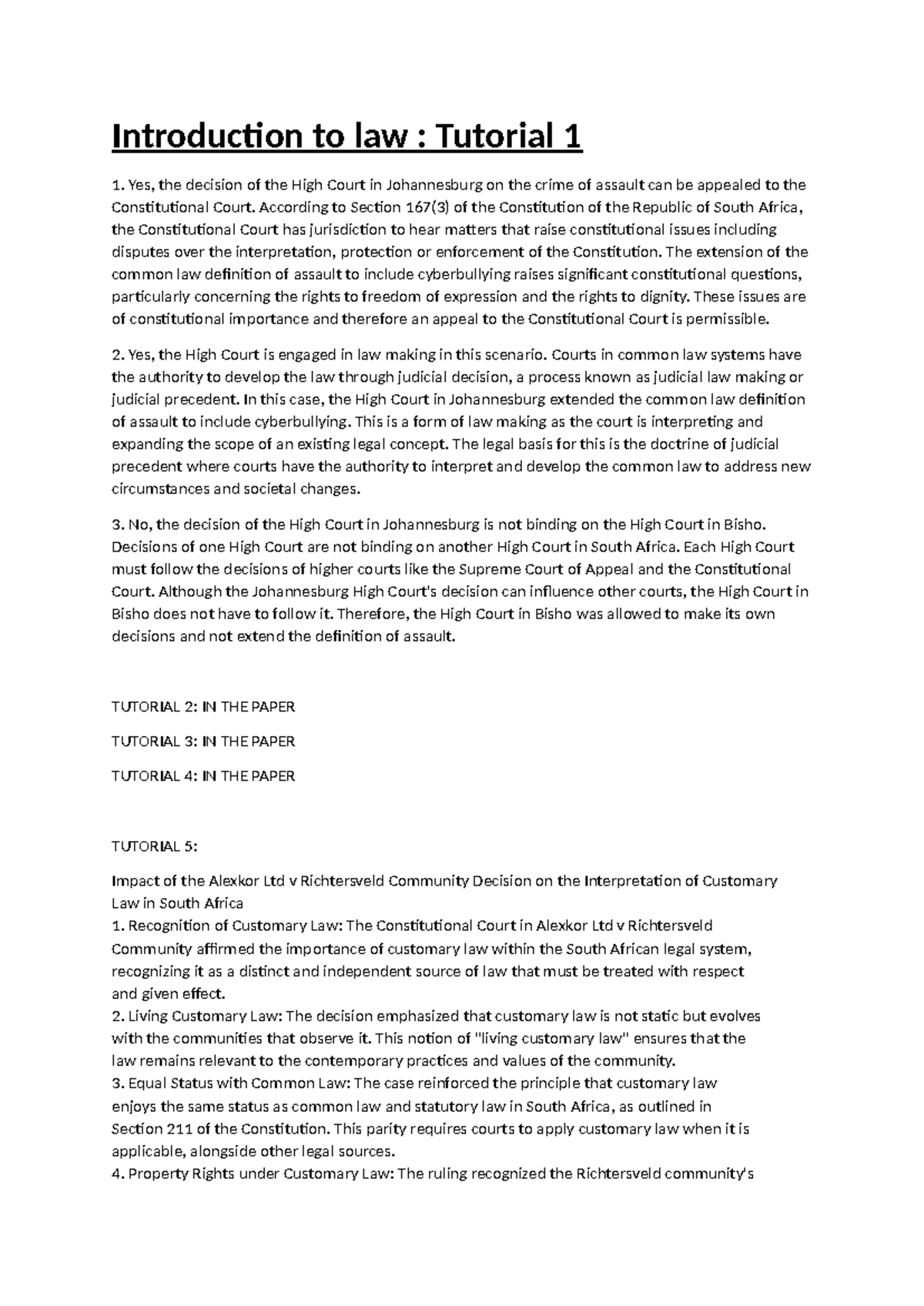 **LAW 101: Introduction to Law Tutorial Notes** - Studocu