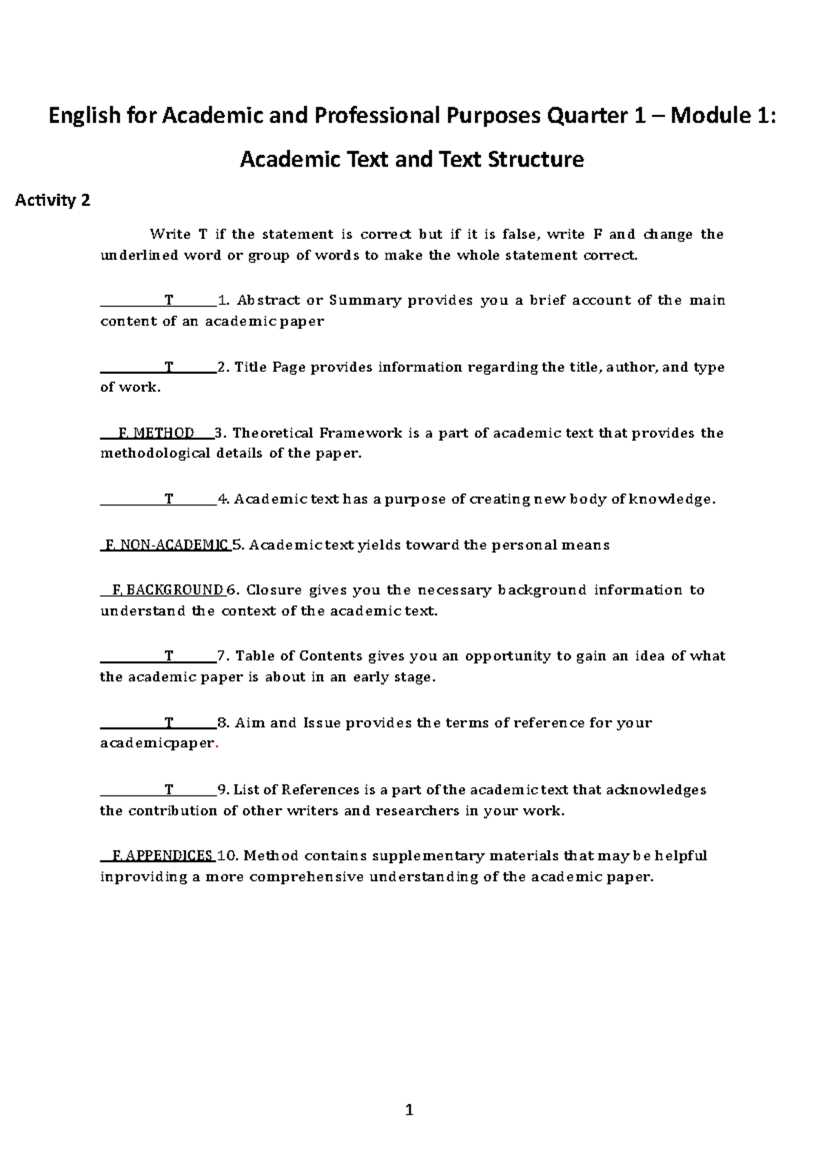 EAPP - Q1 - Module 1 - Activity 2 - 1 English for Academic and ...