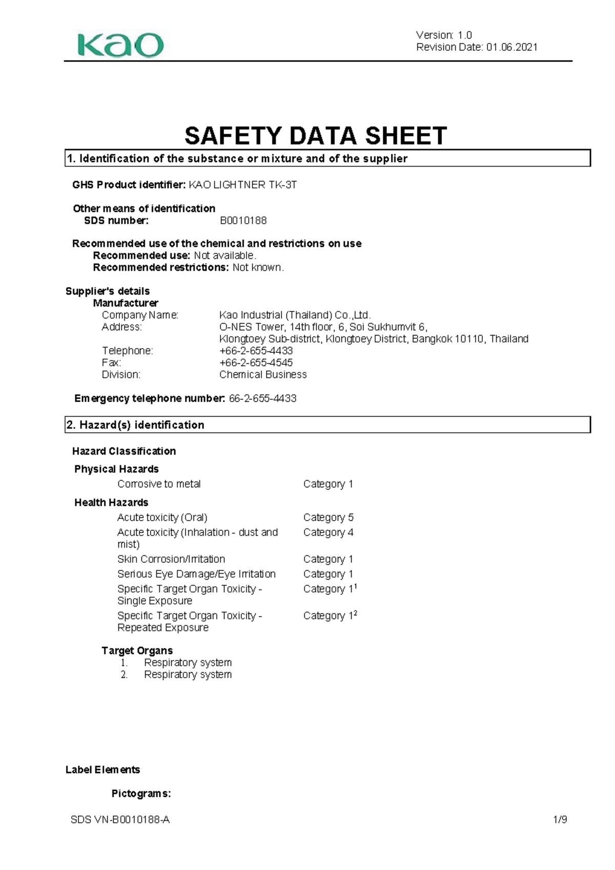 MSDS B0010188: Safety Data Sheet for KAO LIGHTNER - Studocu
