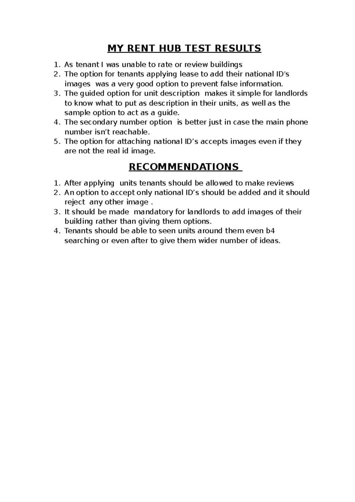 RentHub Test Results & Recommendations for Improvement - Studocu