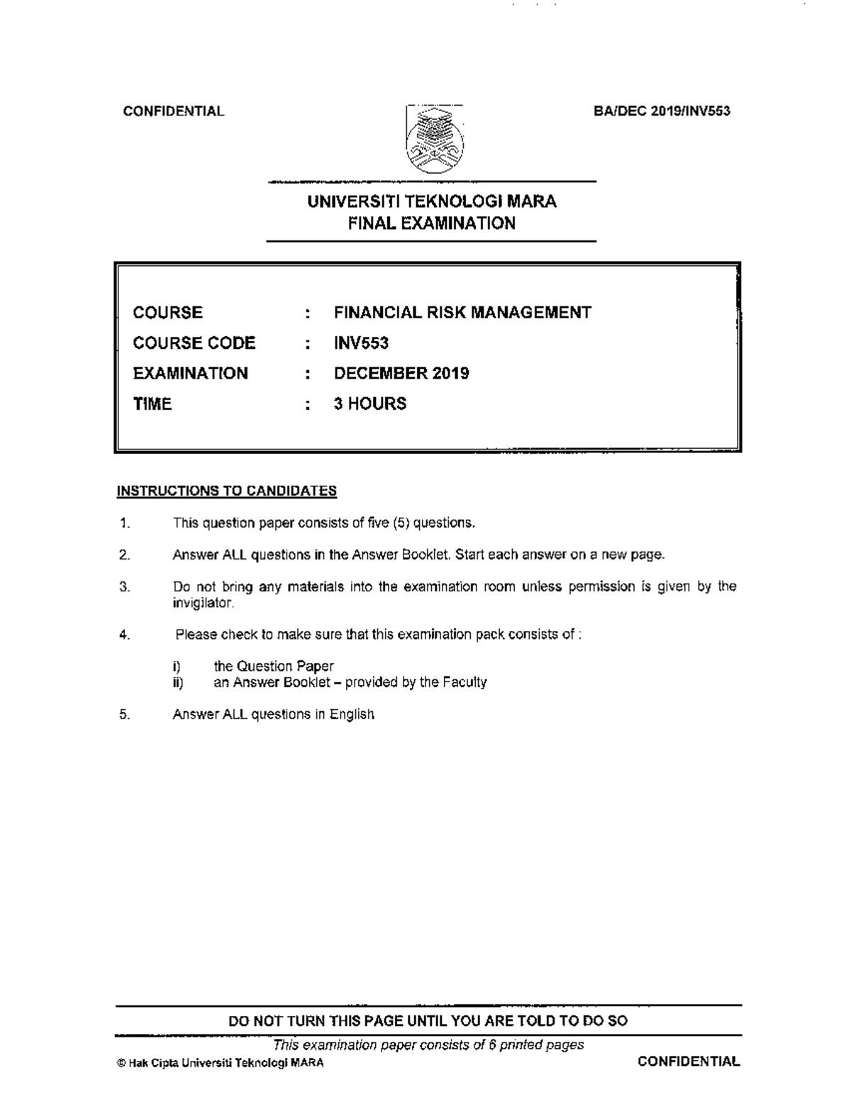 INV553 Financial Risk Management Final Exam - December 2019 - Studocu