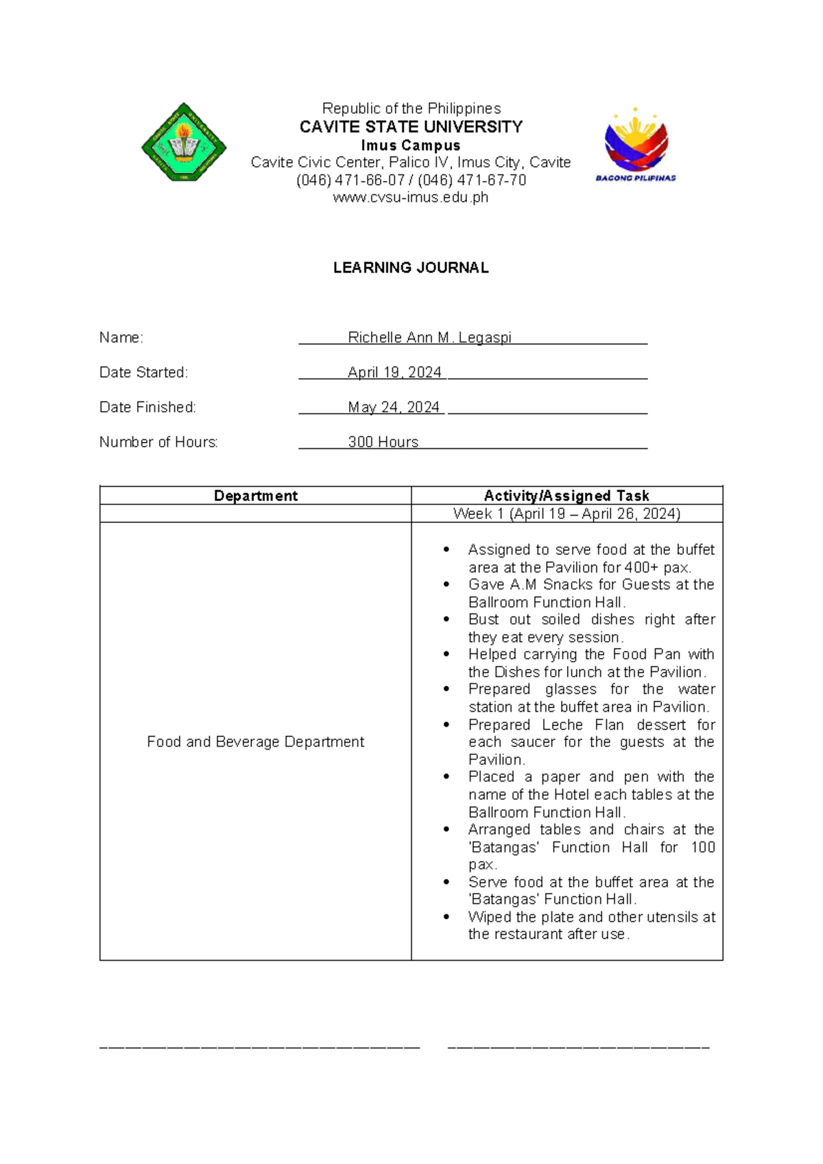CAVSU OJT Learning Journal: Food & Beverage Activities (April-May 2024 ...