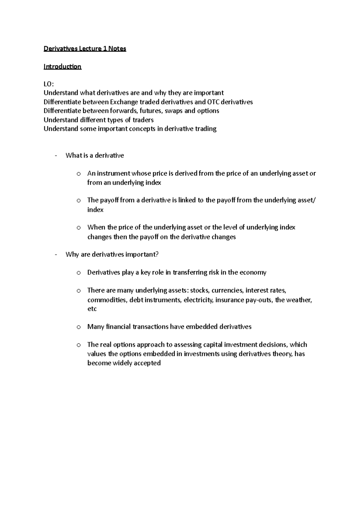 DER 101: Lecture 1 Notes on Derivatives and Their Applications - Studocu