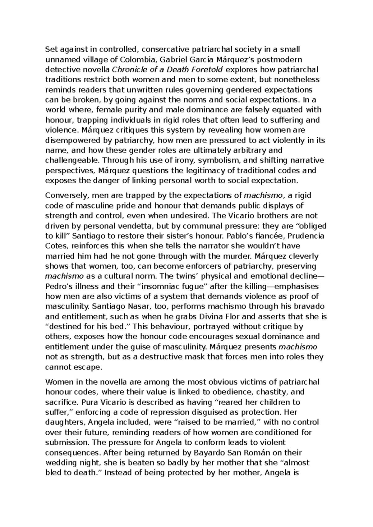 Essay 4 - Gender Roles and Patriarchy in Chronicle of a Death Foretold ...