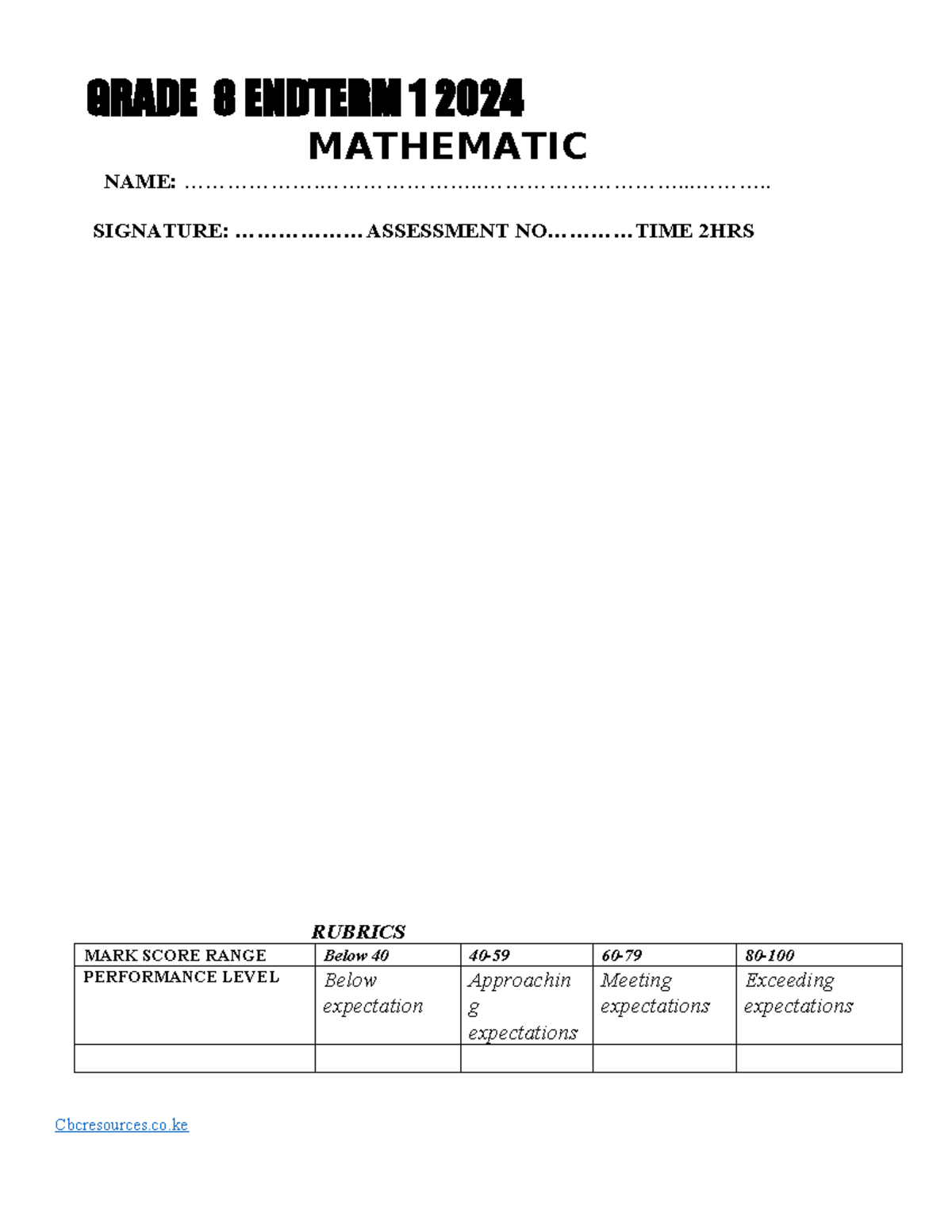 GRADE 8 MATHEMATICS ENDTERM 1 EXAM QUESTIONS 2024 - Studocu