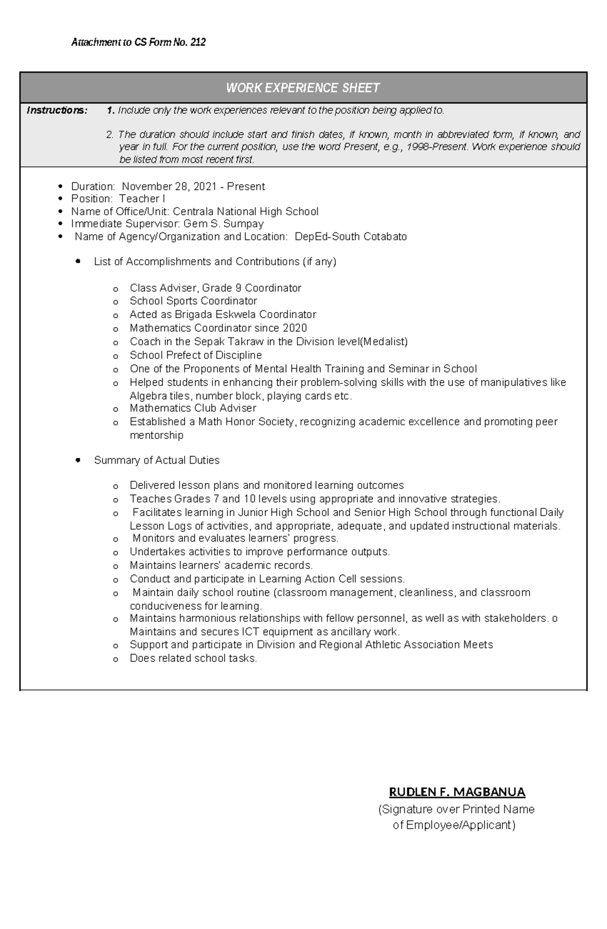 CS Form No. 212: Work Experience Sheet for Teacher I Position - Studocu