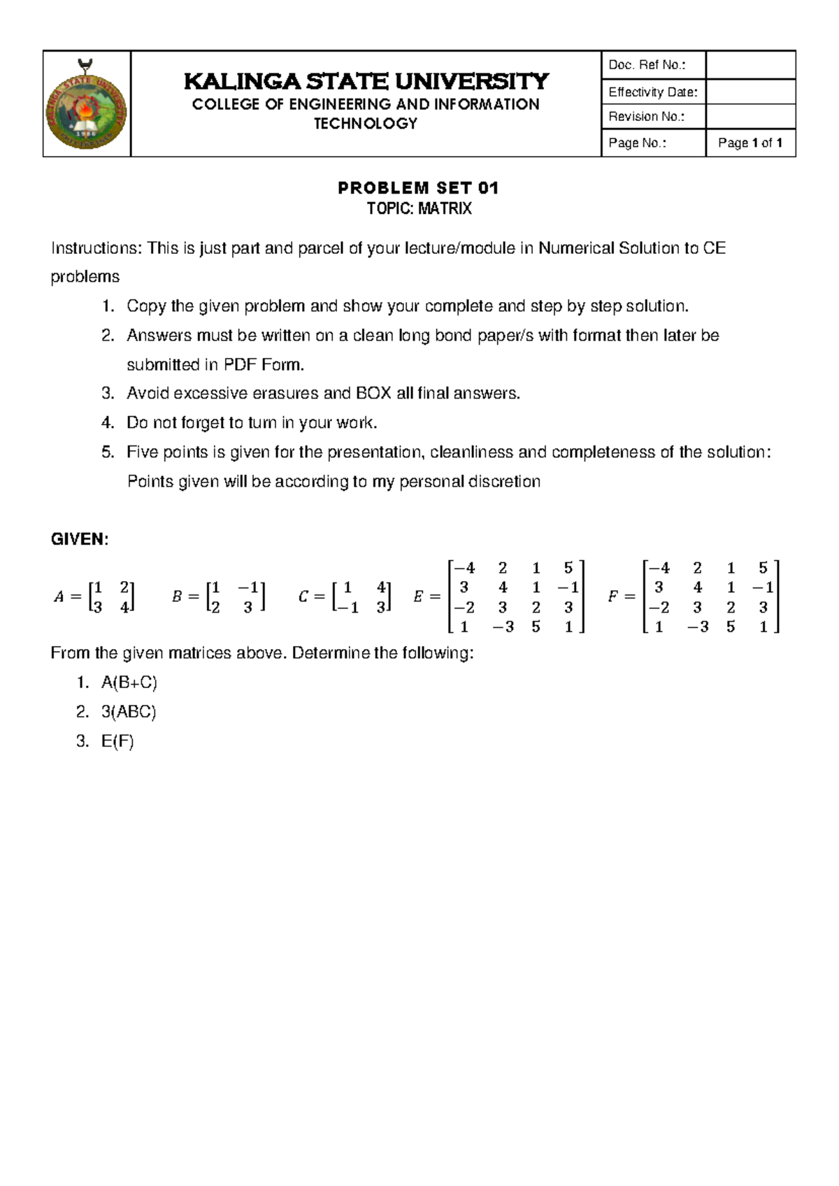 21-1 MATH114 Activity 01: Matrix Problem Set and Solutions - Studocu