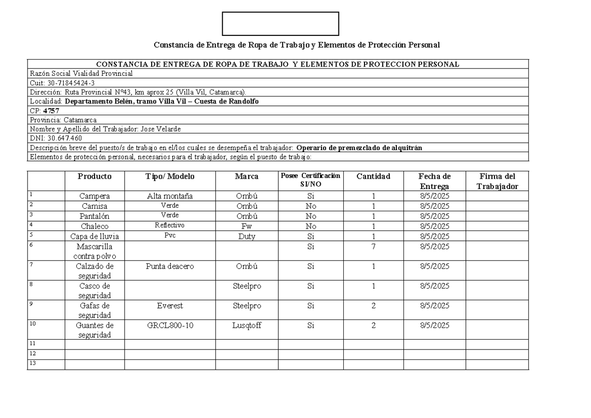 Constancia de entrega de Elementos de Proteccion Personal - 3
