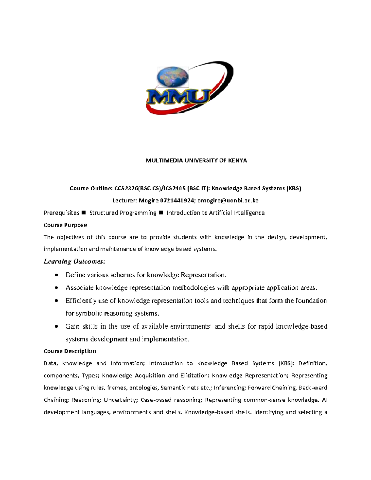 CCS2326 & ICS2405 Knowledge Based Systems (KBS) Course Outline - Studocu