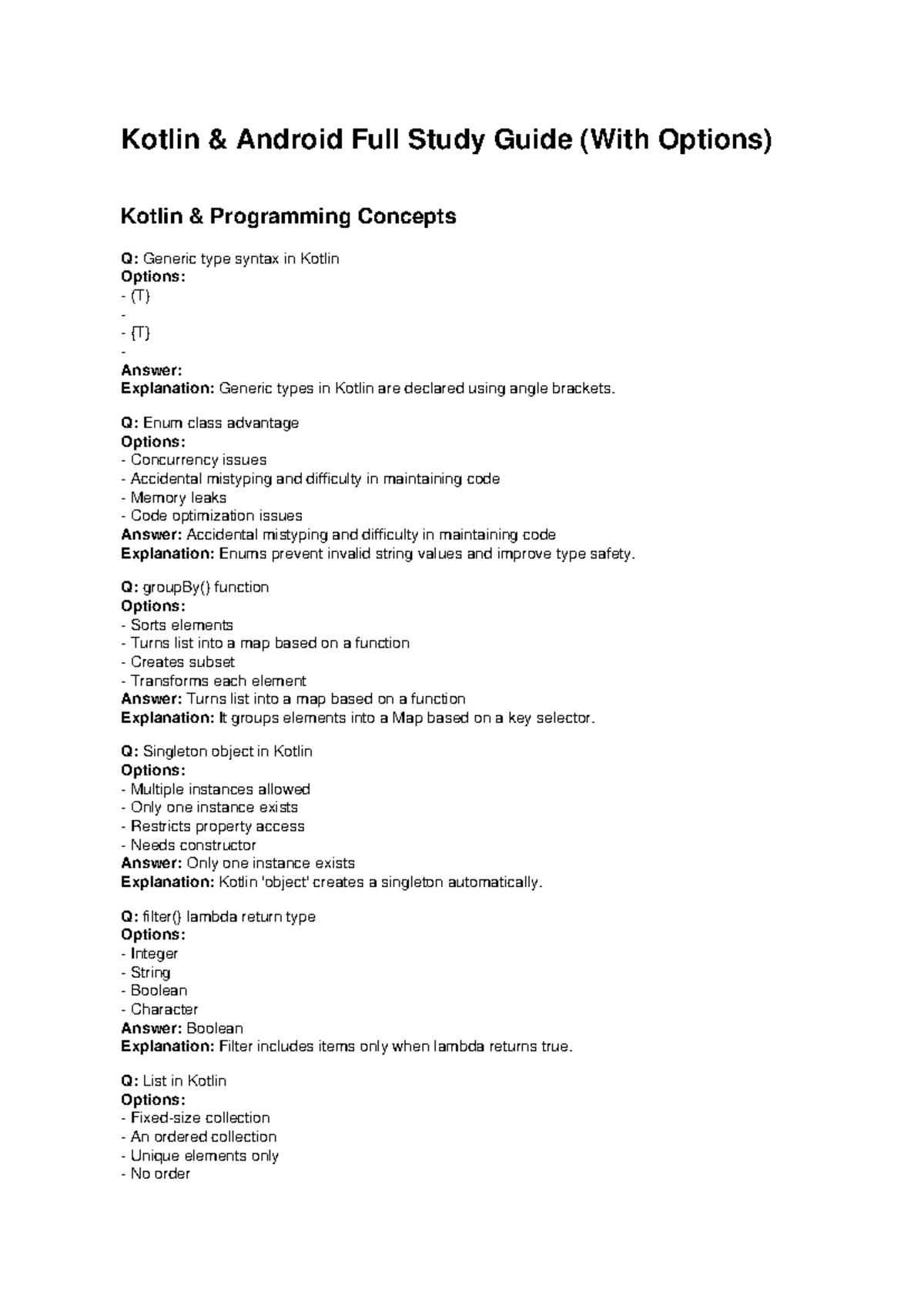 Kotlin Programming Concepts Quiz Study Guide (Kotlin 101) - Studocu