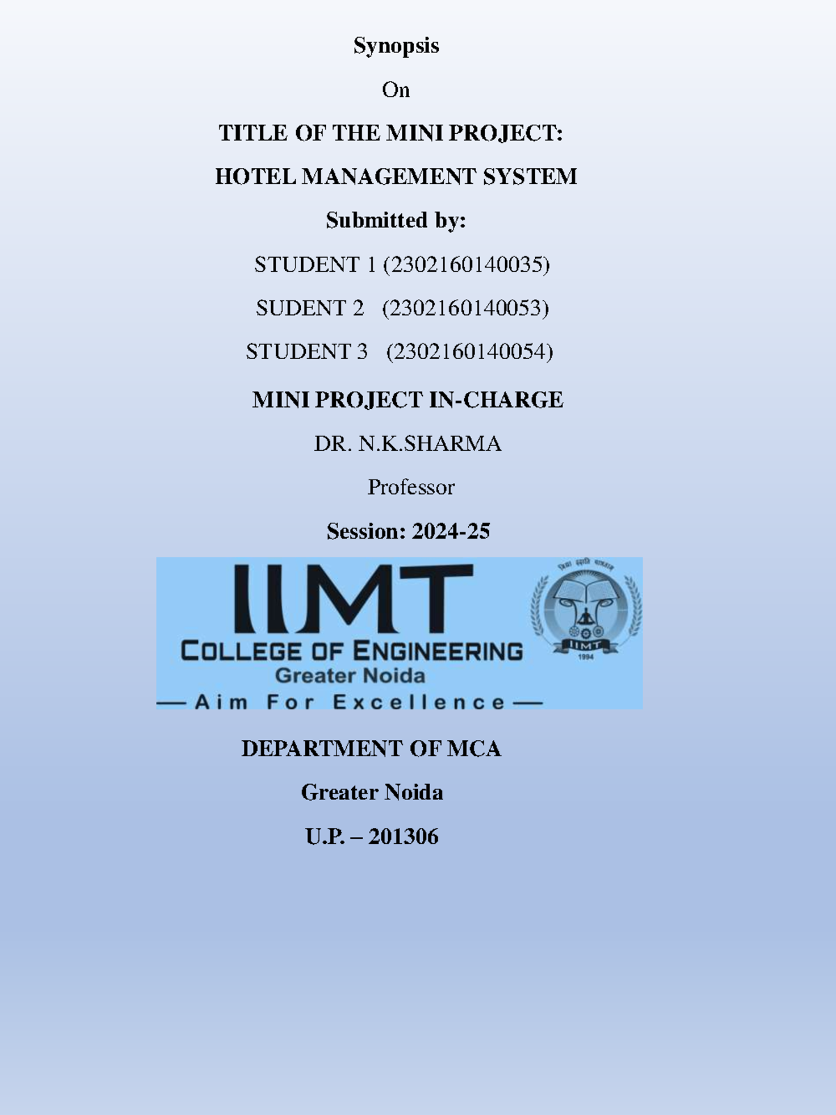 MCA Mini Project: Hotel Management System Overview and Features - Studocu