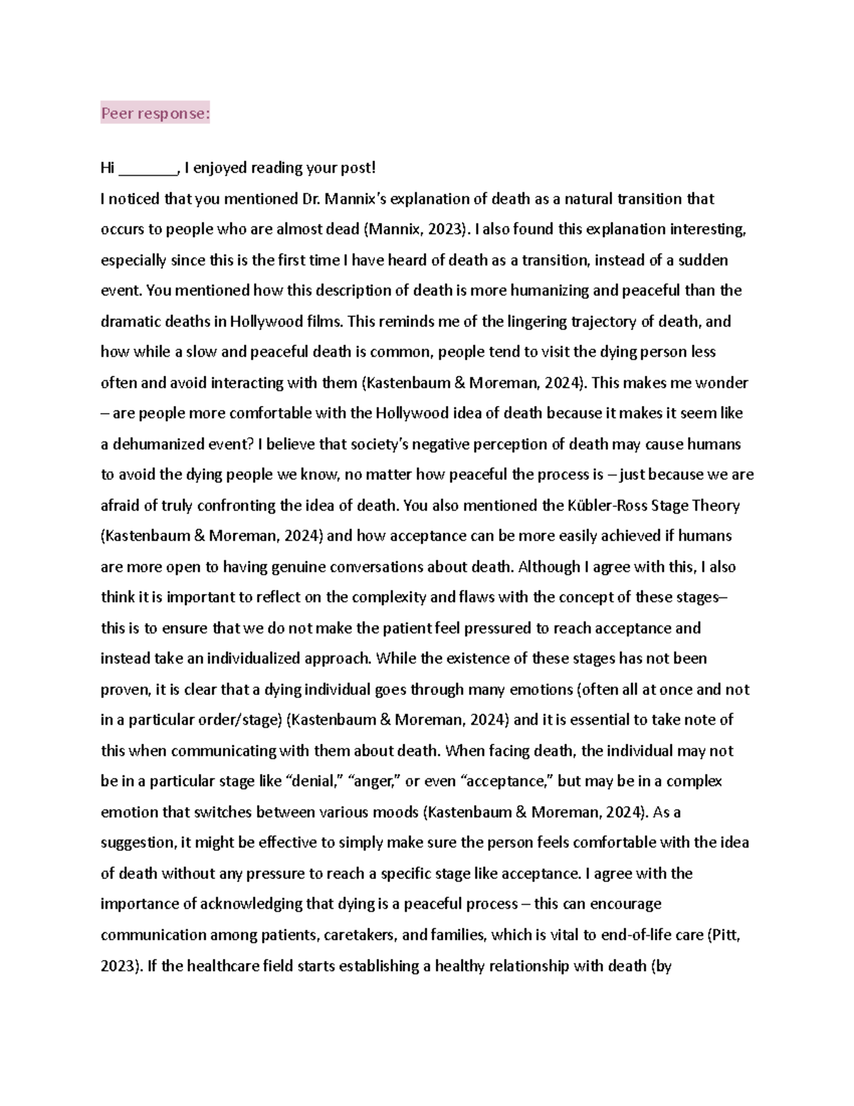 Psyc3570 discussion post peer response - Peer response: Hi _______, I ...