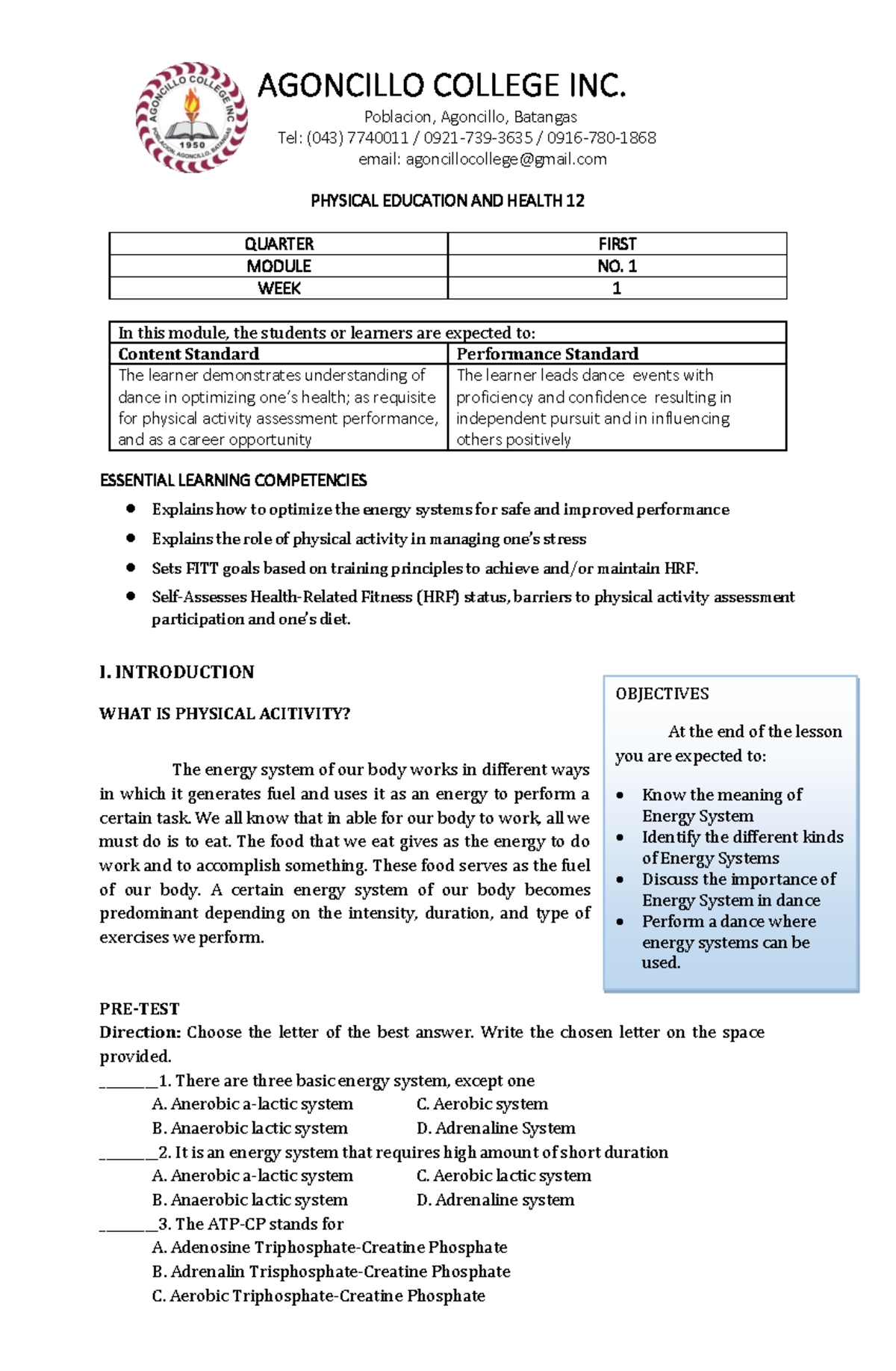 PEH12 First Quarter Module 1: Understanding Energy Systems in Dance ...