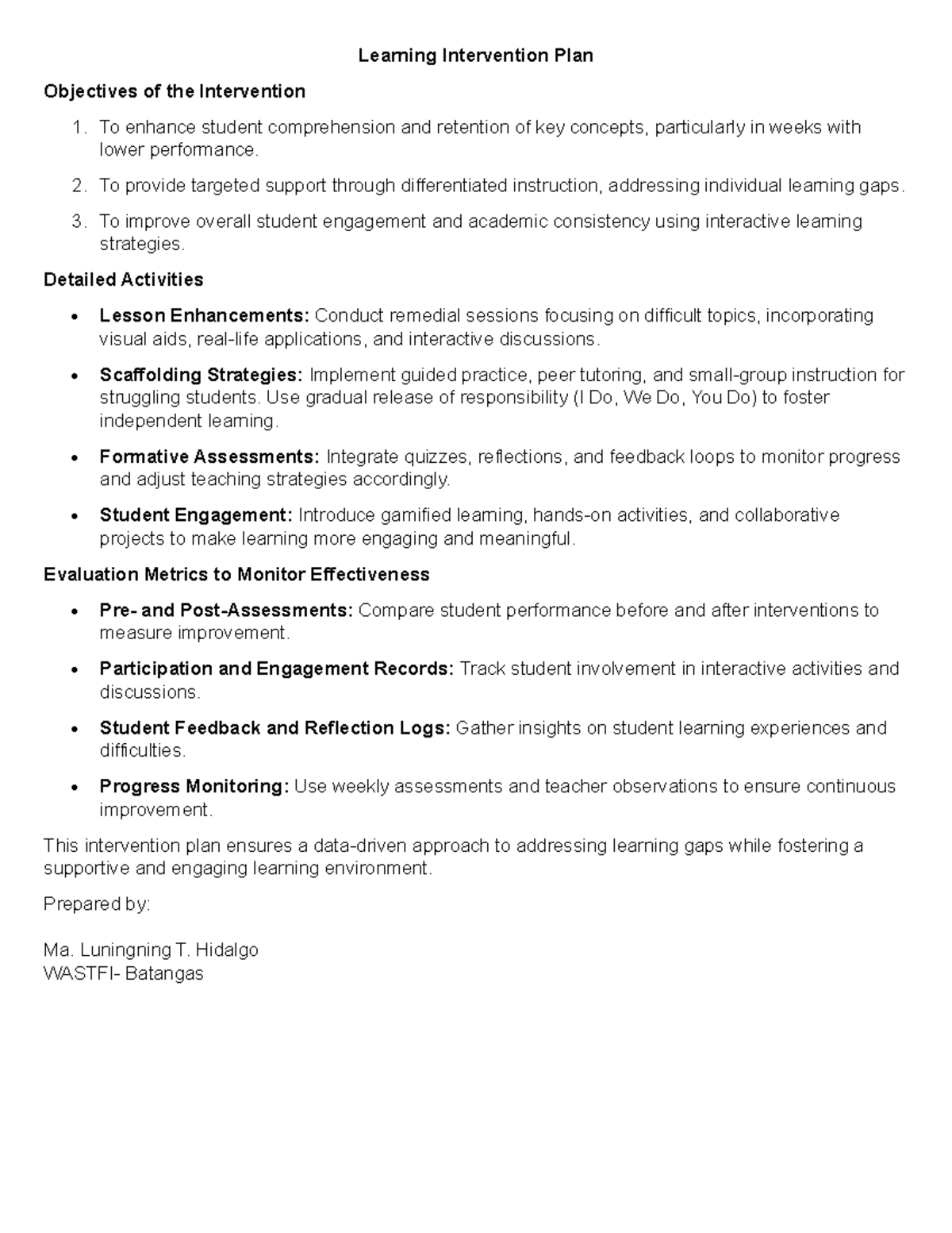 WASTFI Learning Intervention Plan for Enhanced Student Engagement - Studocu