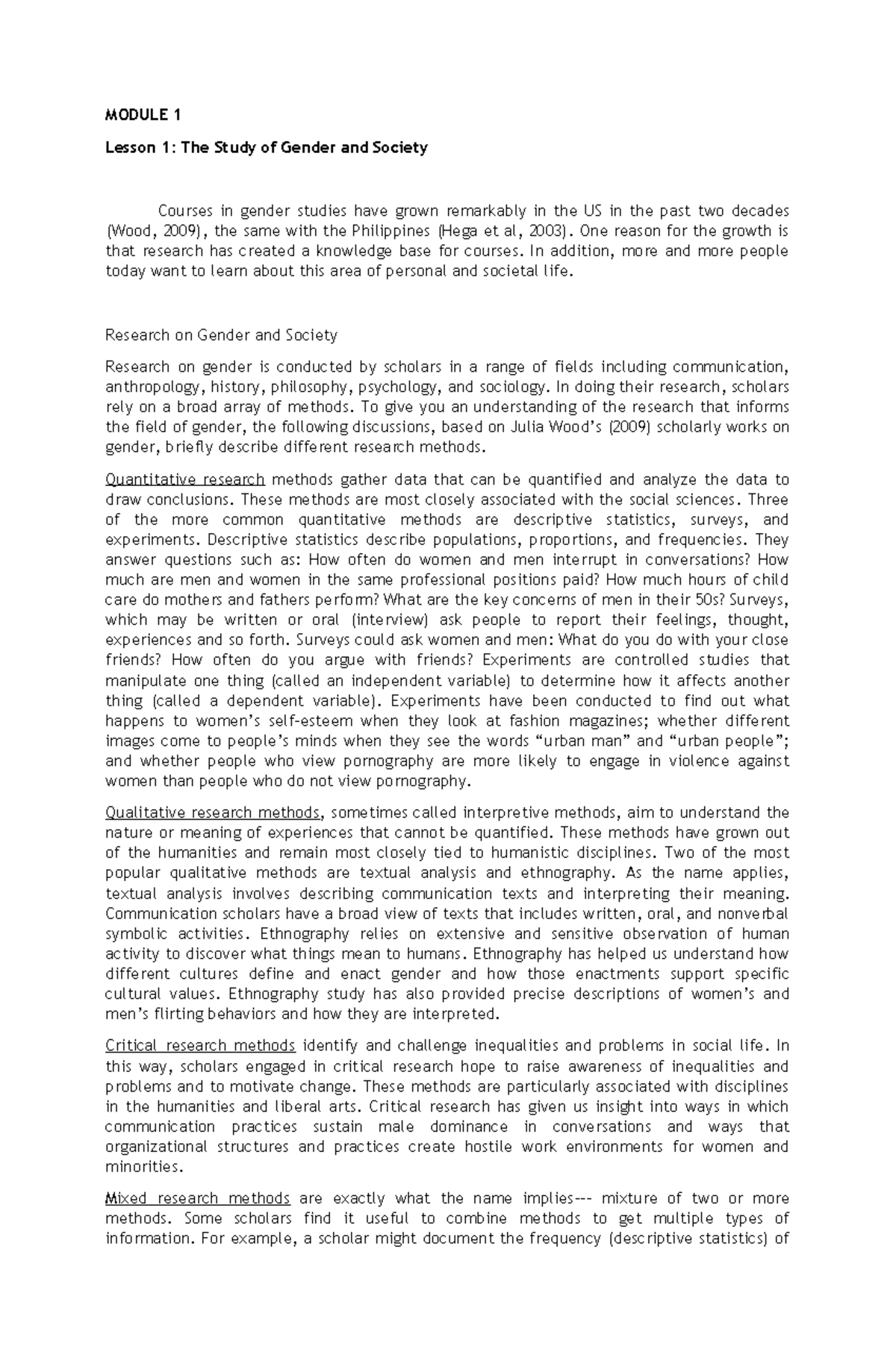 Gender and Society Course Summary - MODULE 1 Lesson 1: The Study of ...