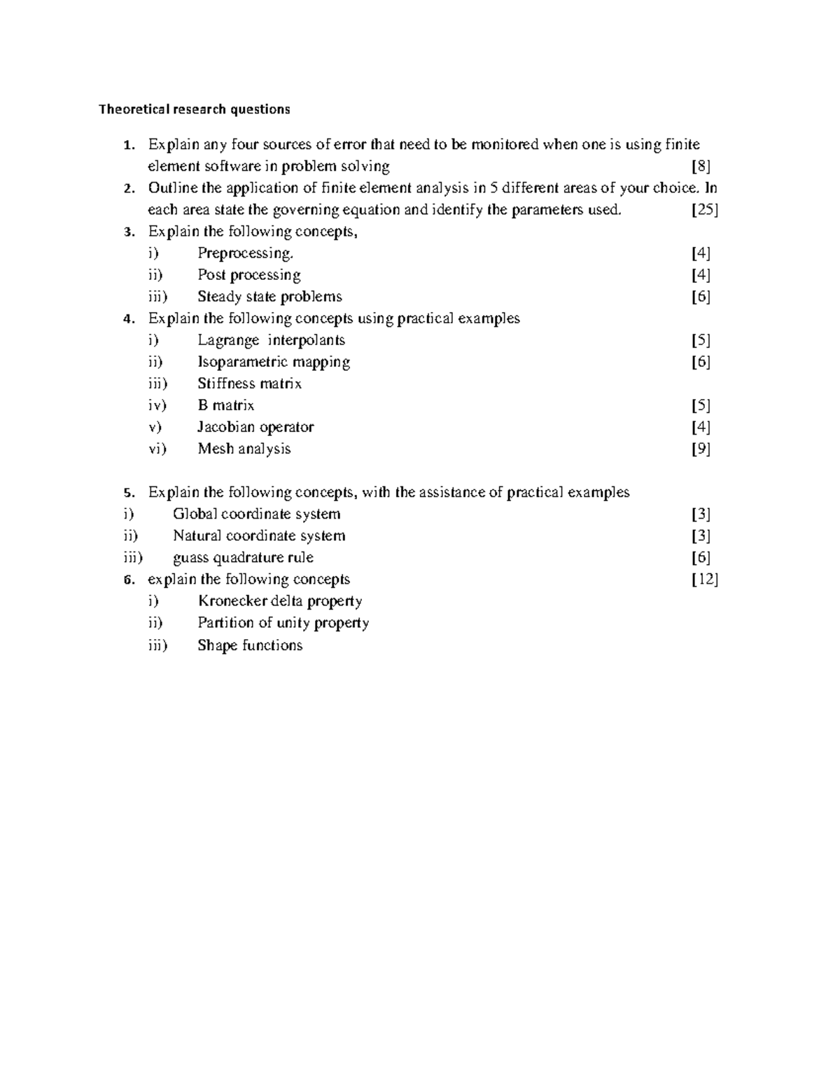 Theoretical Questions on Finite Element Analysis (FEA) - Studocu
