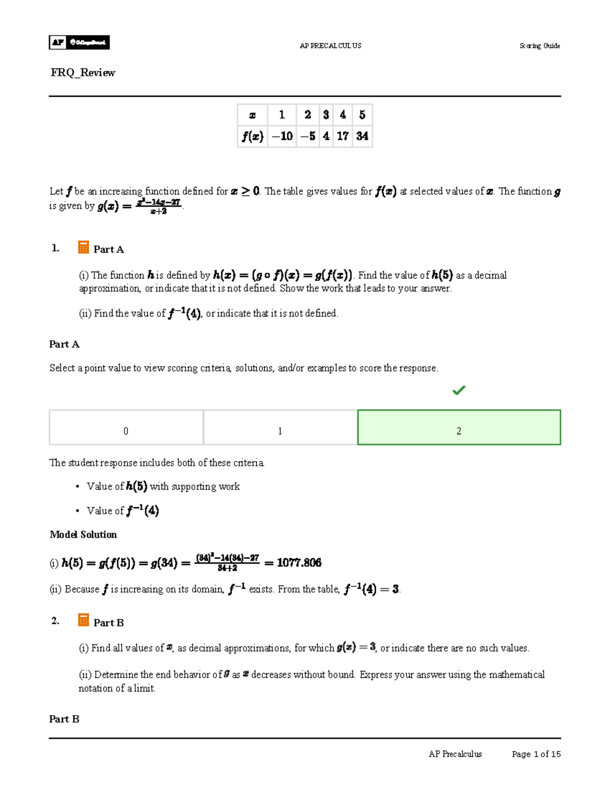 AP Precalculus FRQ Review Scoring Guide and Solutions - Studocu