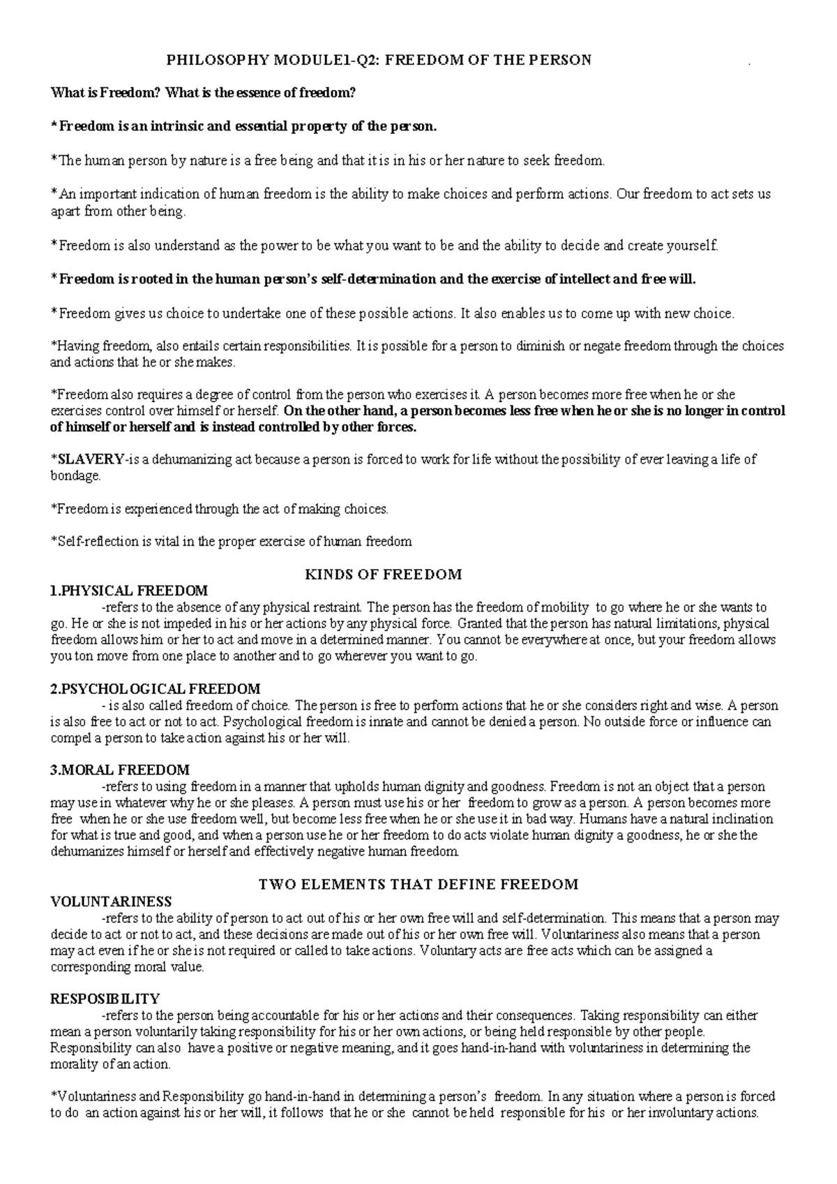 PHILOSOPHY MODULE 1: ESSENCE AND KINDS OF FREEDOM - Studocu