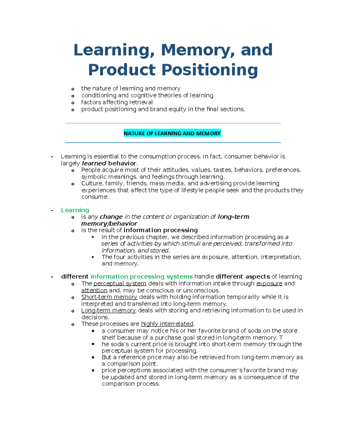 Chapter 9: Learning, Memory, and Product Positioning in Consumer ...