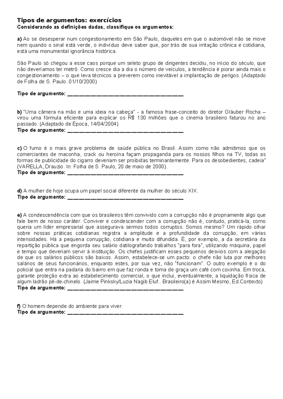 Tipos de Argumentos: Exercícios e Classificações (Curso de Português ...