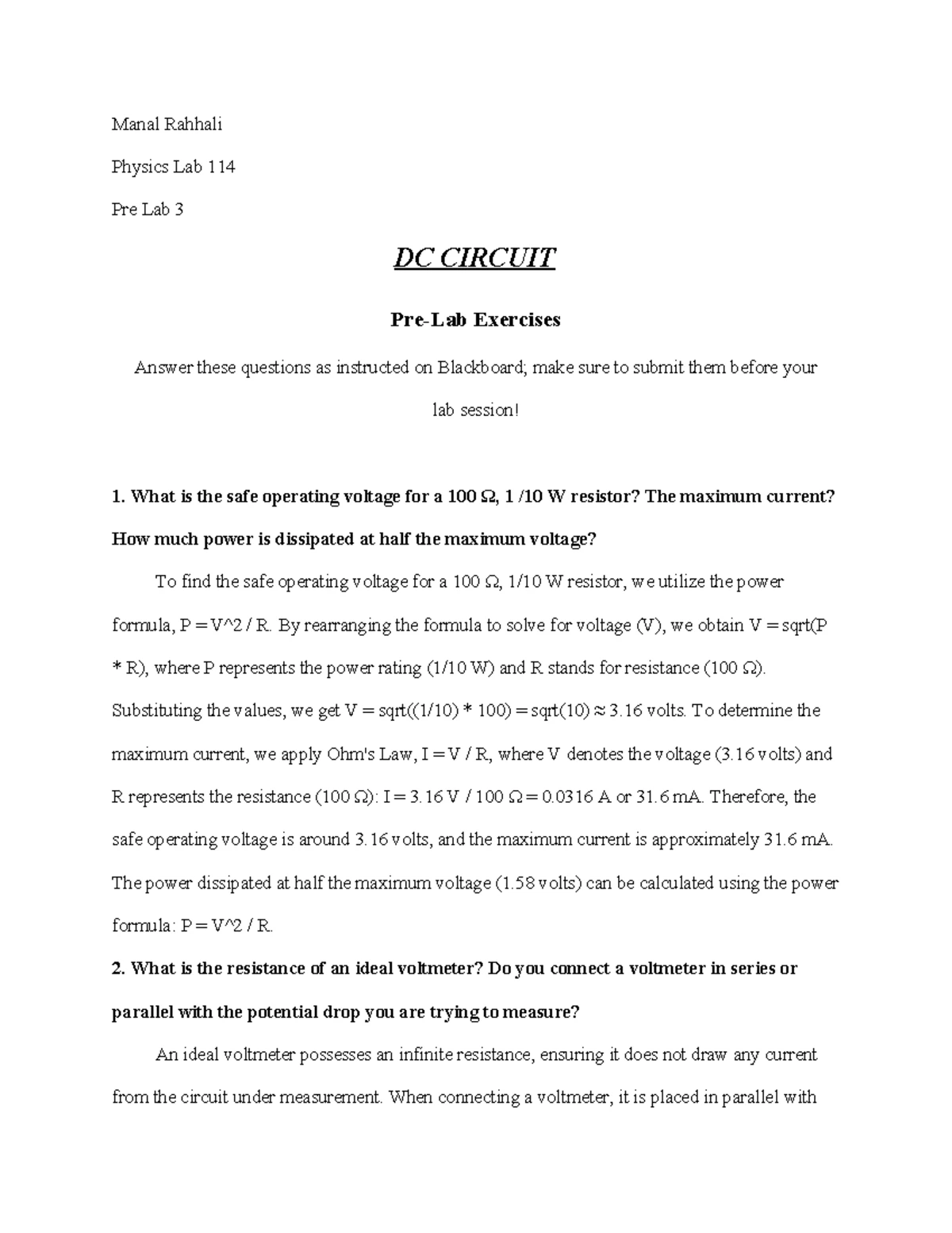 Physics Lab 114 - Pre Lab 1: Understanding Ammeter & Voltmeter - Studocu
