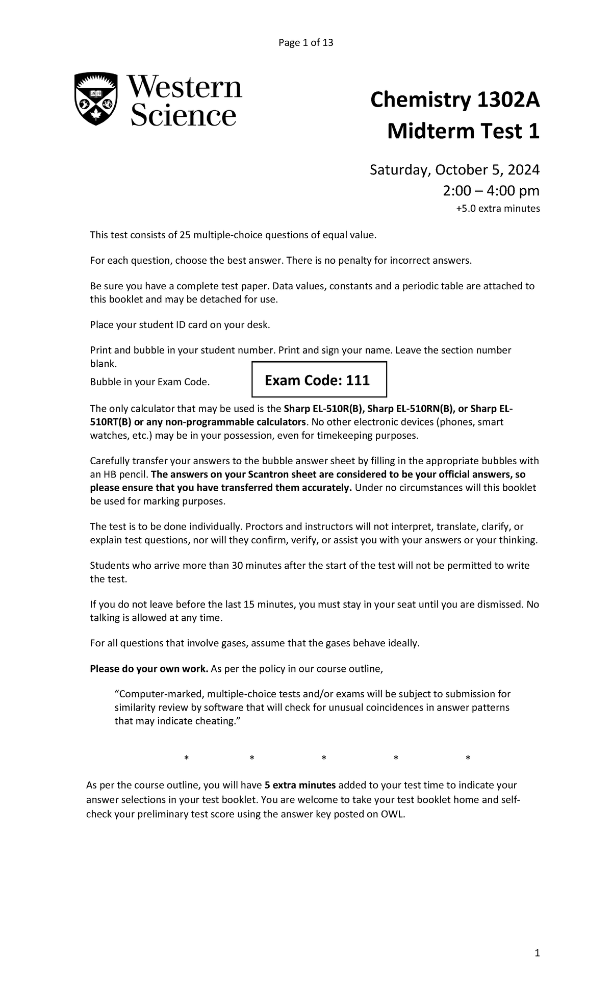Chemistry 1302A Midterm Test 1 Answers - October 5, 2024 - Studocu