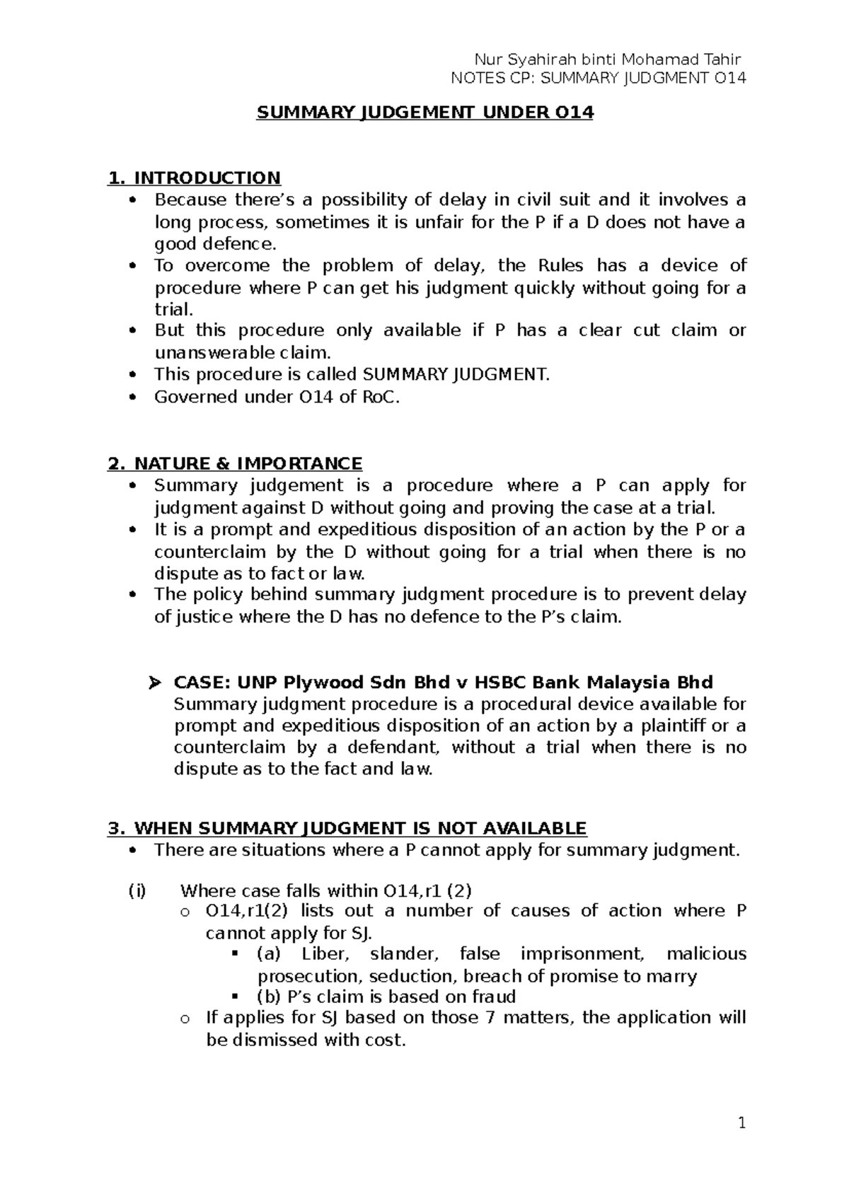 Summary Judgment Under O14: Key Concepts and Procedure Notes - Studocu