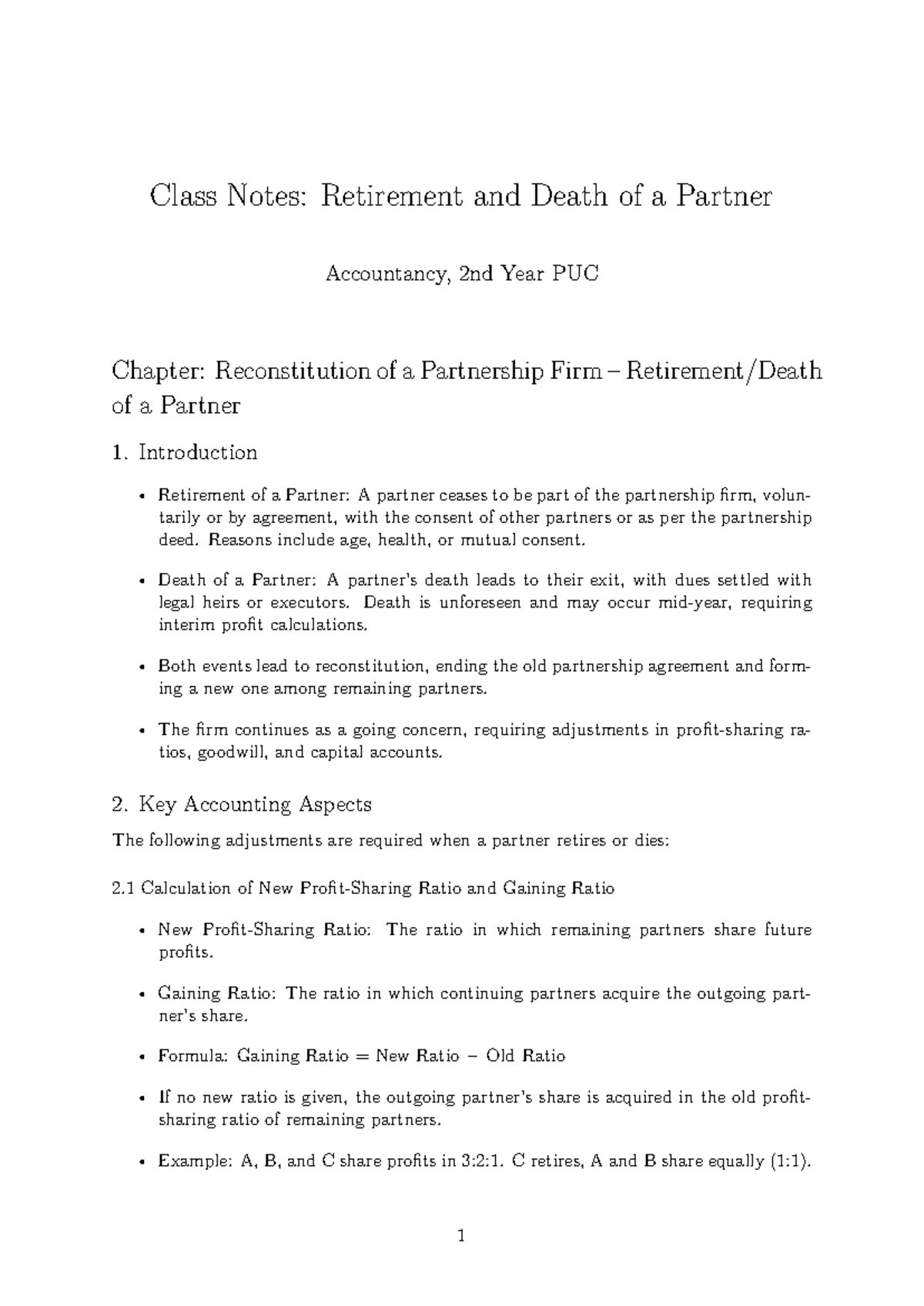 Accountancy PUC 2nd Year: Retirement & Death of a Partner Notes - Studocu