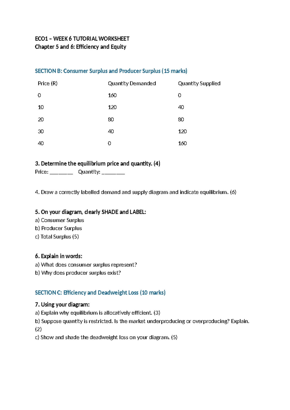 ECO1 Week 6 Tutorial Worksheet: Consumer & Producer Surplus Analysis ...