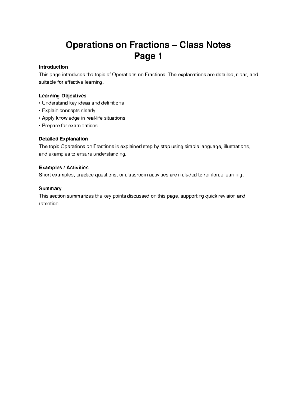 03 Operations on Fractions Class Notes: Detailed Learning Guide - Studocu