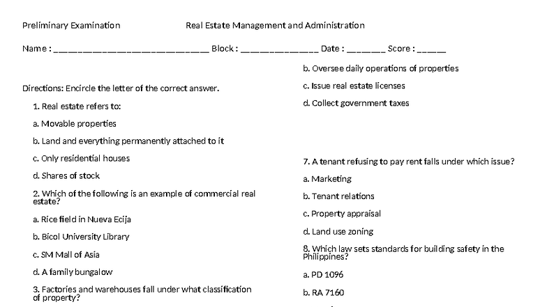 Preliminary Exam: Real Estate Management (BSISM) - Studocu