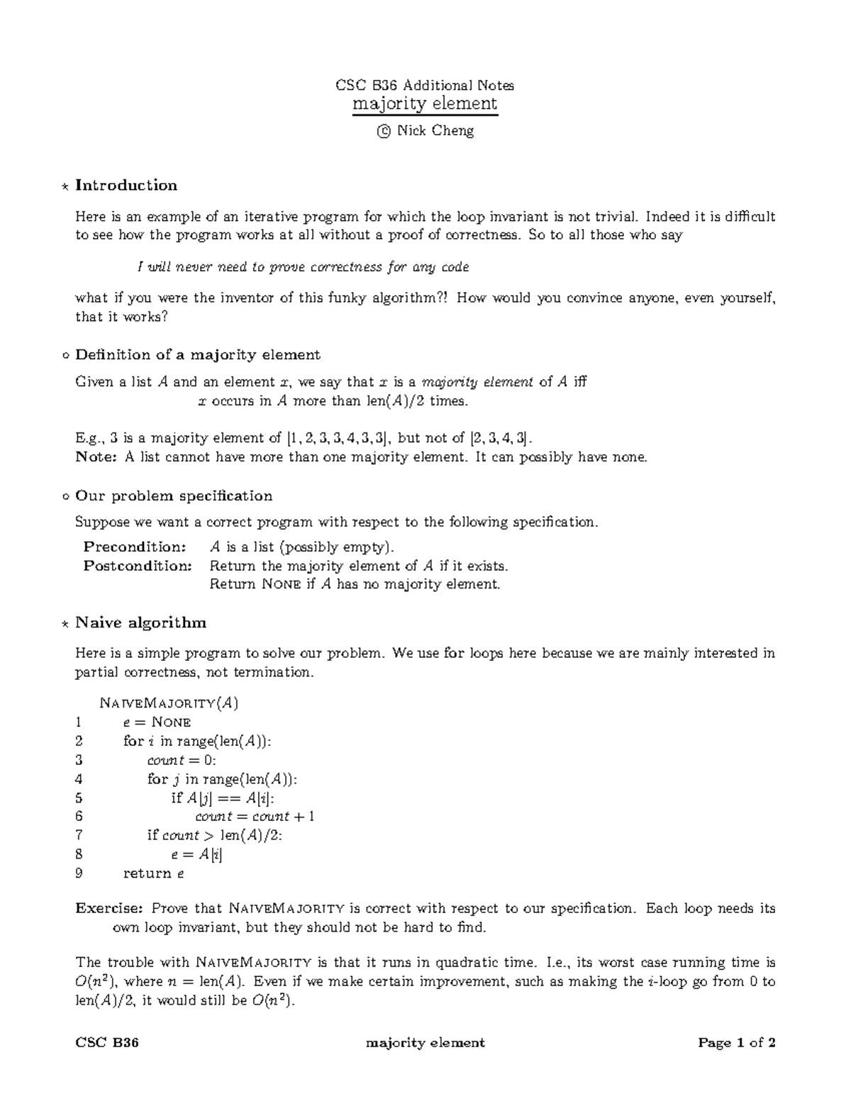 CSC B36 Majority Element Analysis and Naive Algorithm Notes - Studocu