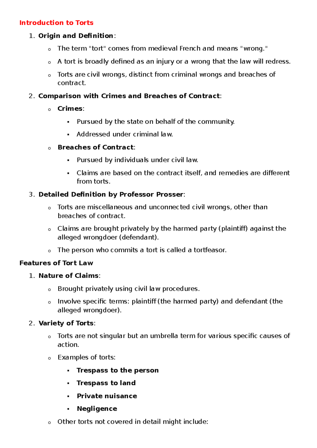 Week 1 Notes - Introduction to Torts 1. Origin and Definition: o The ...
