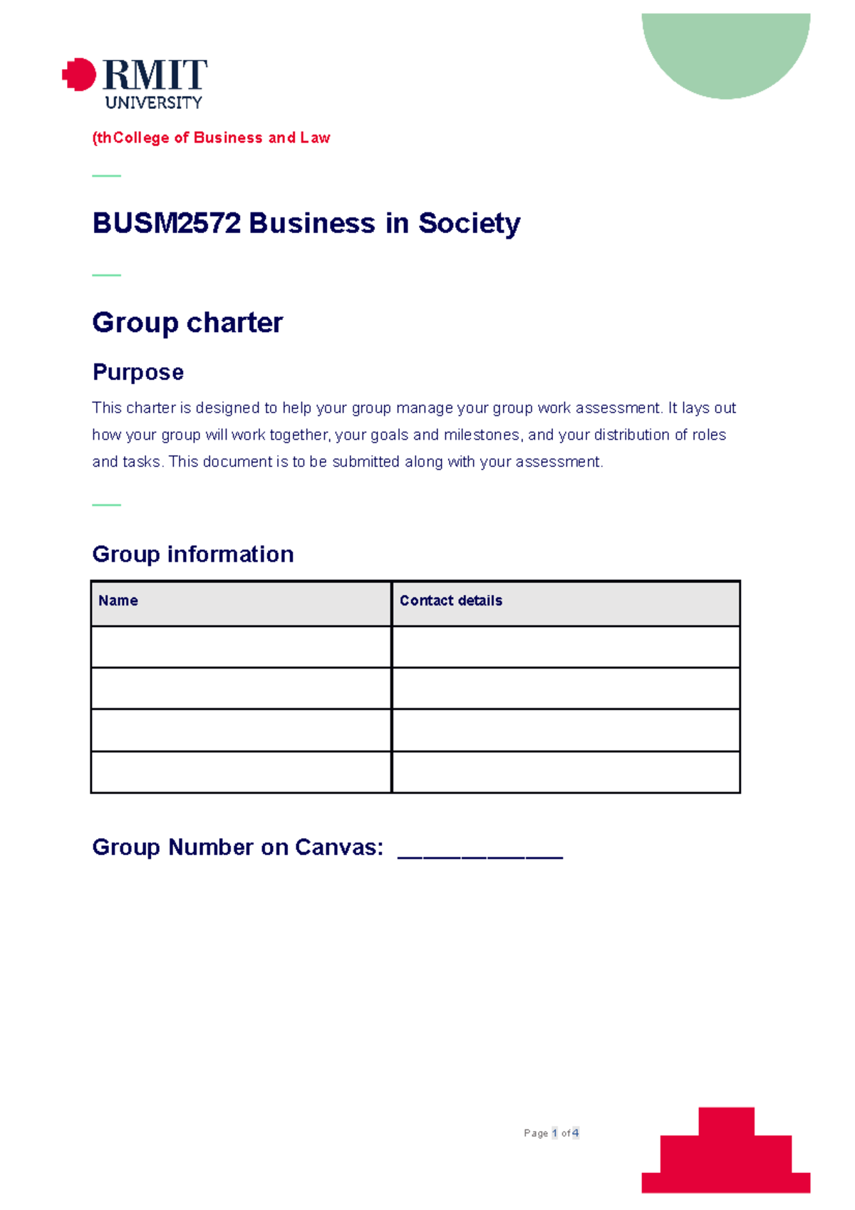 BUSM2572 Group Charter Template-3 - (thCollege of Business and Law ...