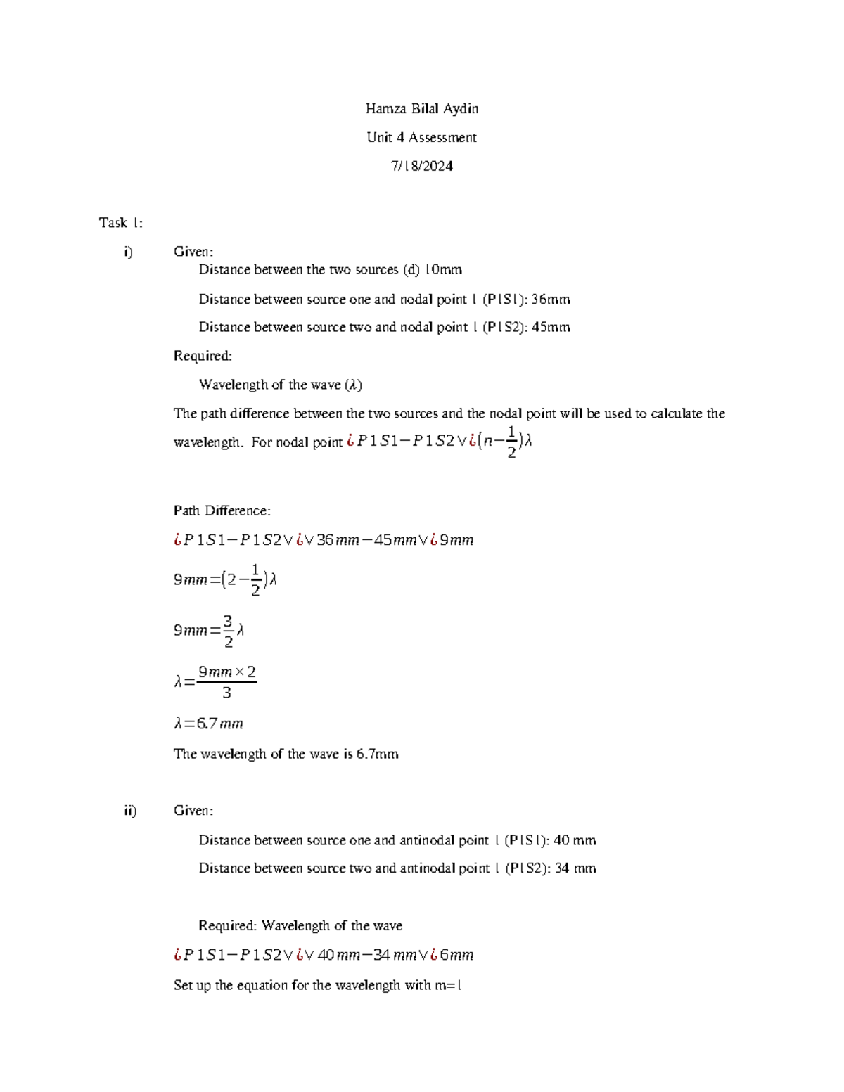 Unit 4 Assessment: Light Wave Interference and Wavelength Calculations ...