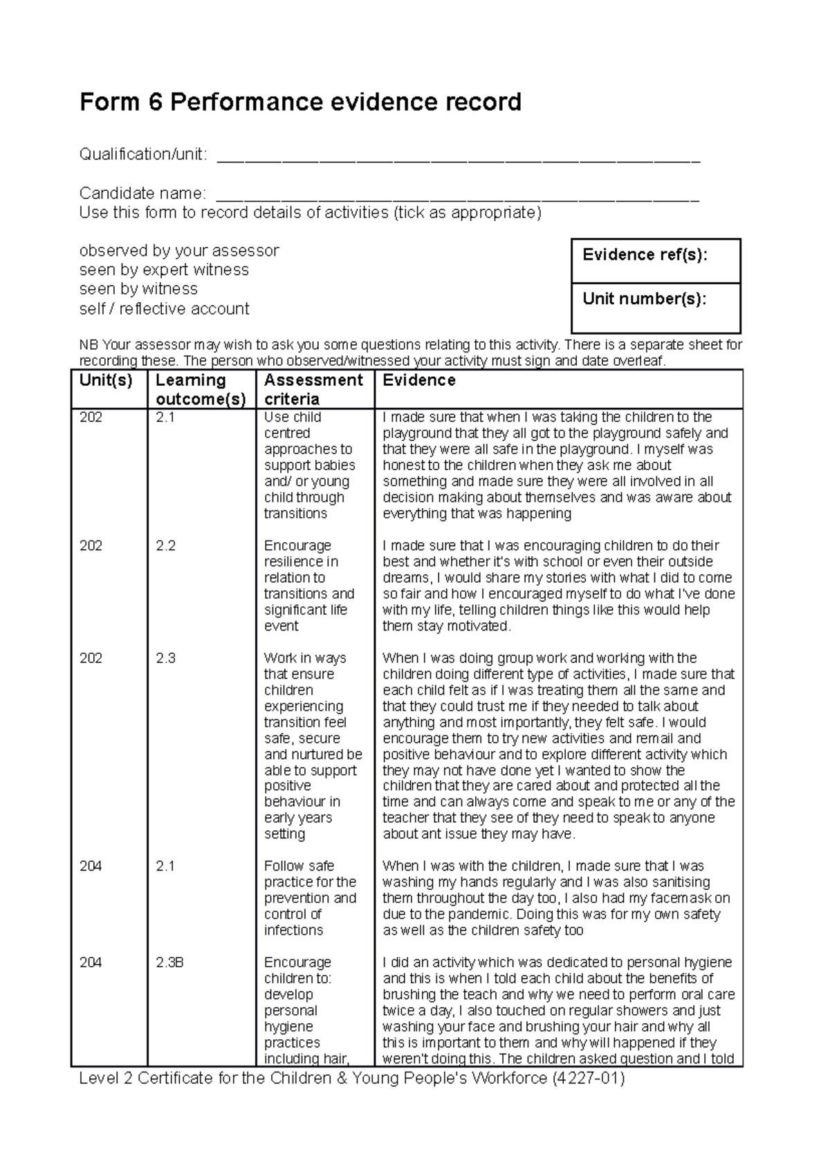 Form 6 - Guide to Completing the Performance Evidence Record - Studocu