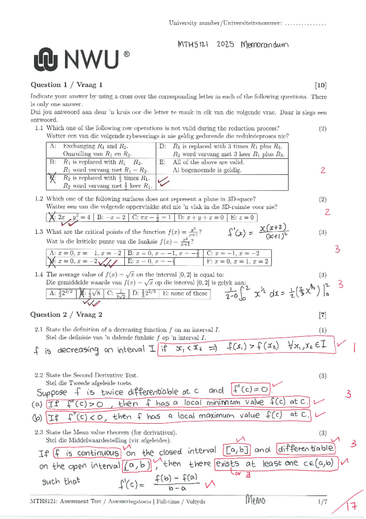 MTHS121: 2025 Semester Test Memo and Solutions - Studocu