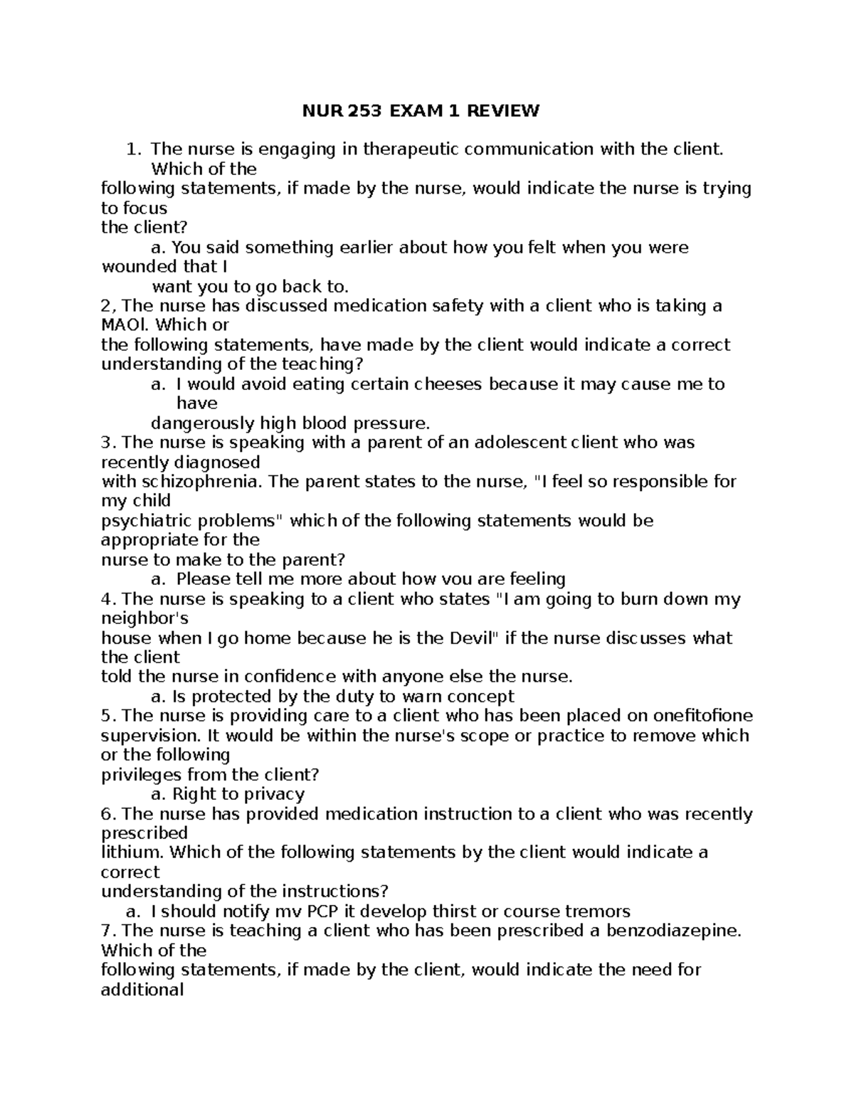 NUR 253 Exam 1 Review - Comprehensive Lecture Notes Study Guide - Studocu