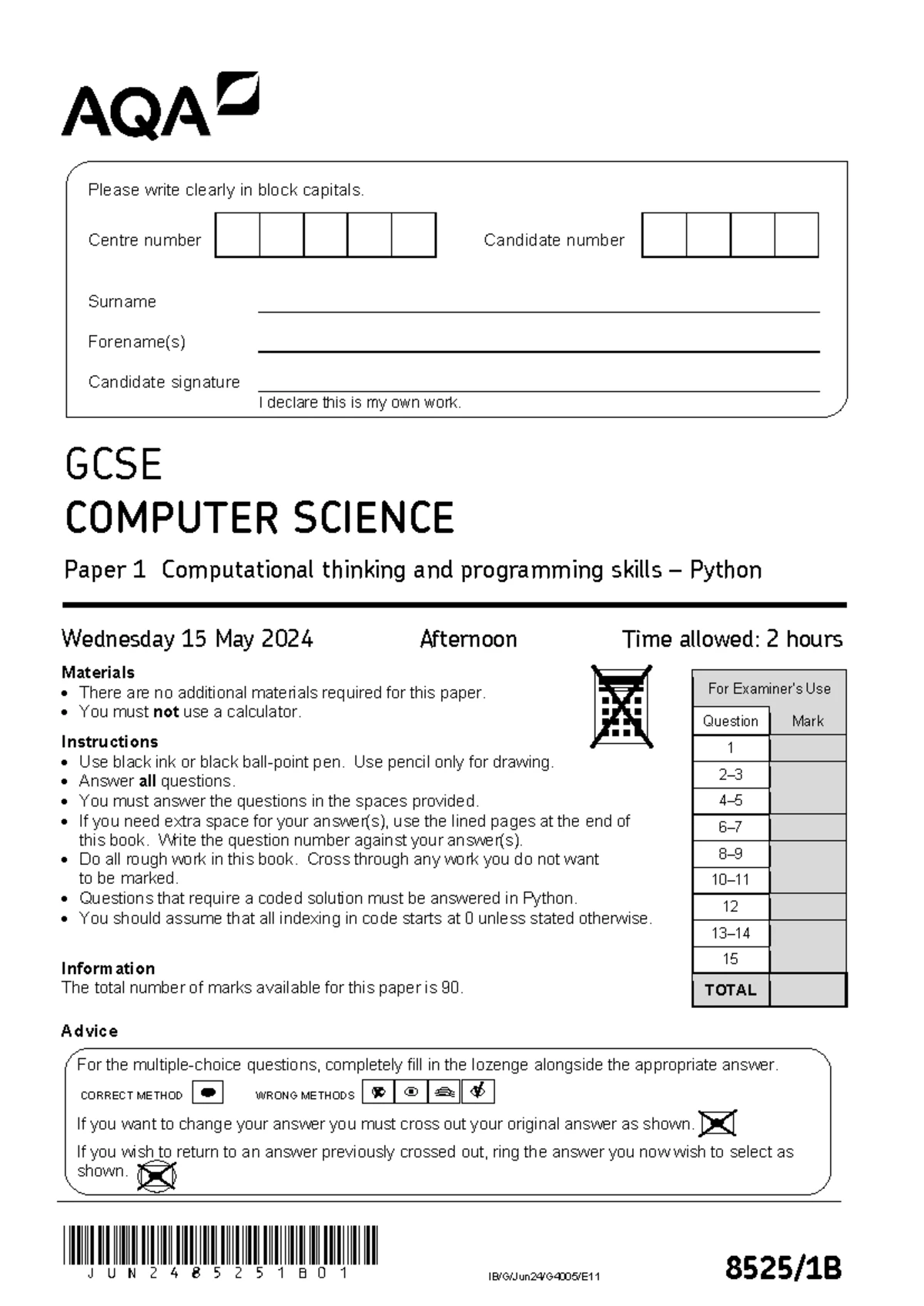 GCSE (9-1) Computer Science J277/02 Question Paper - June 2024 - Studocu