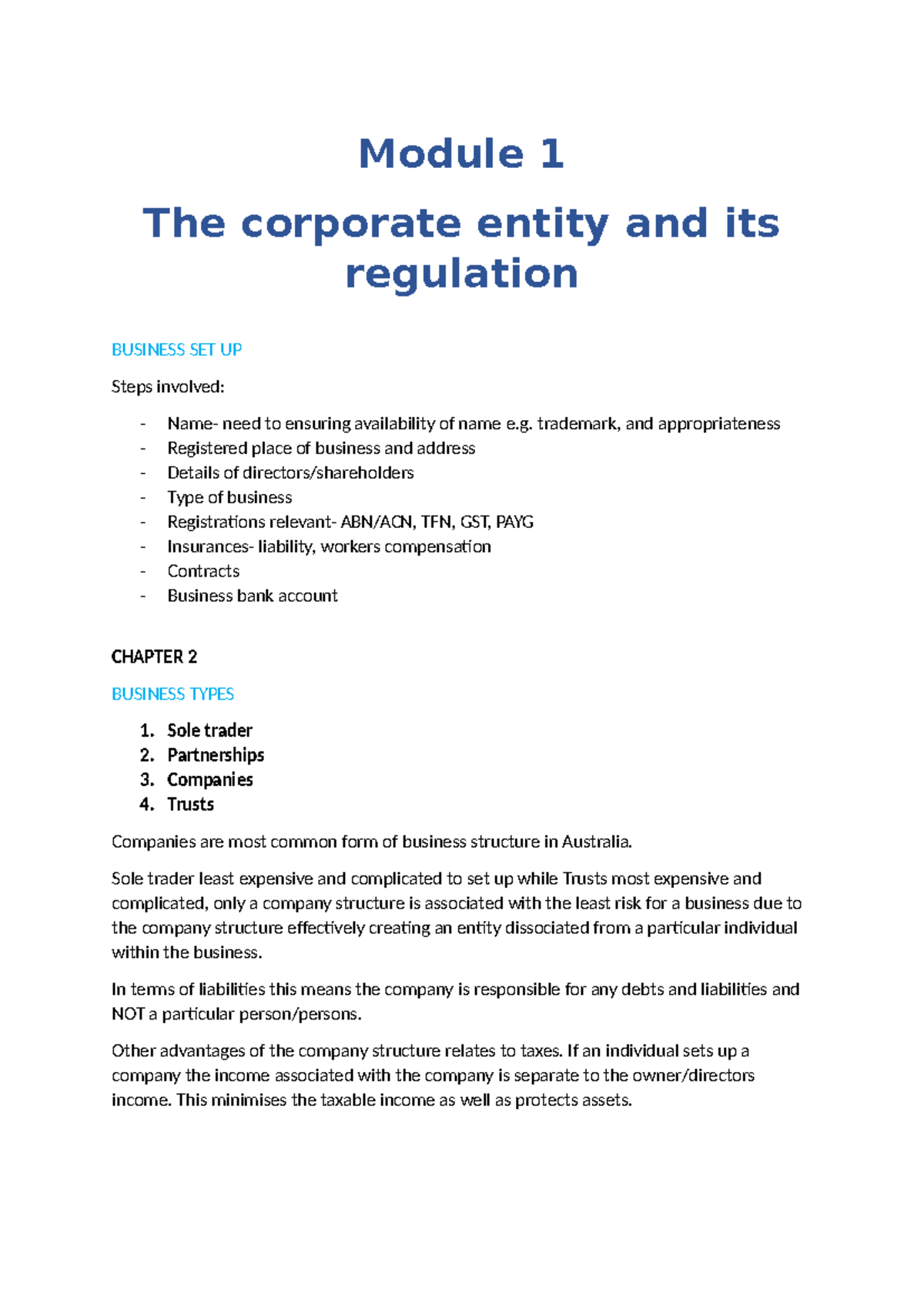 BUS 101 Module 1 Lecture Notes: Business Structures & Regulations - Studocu