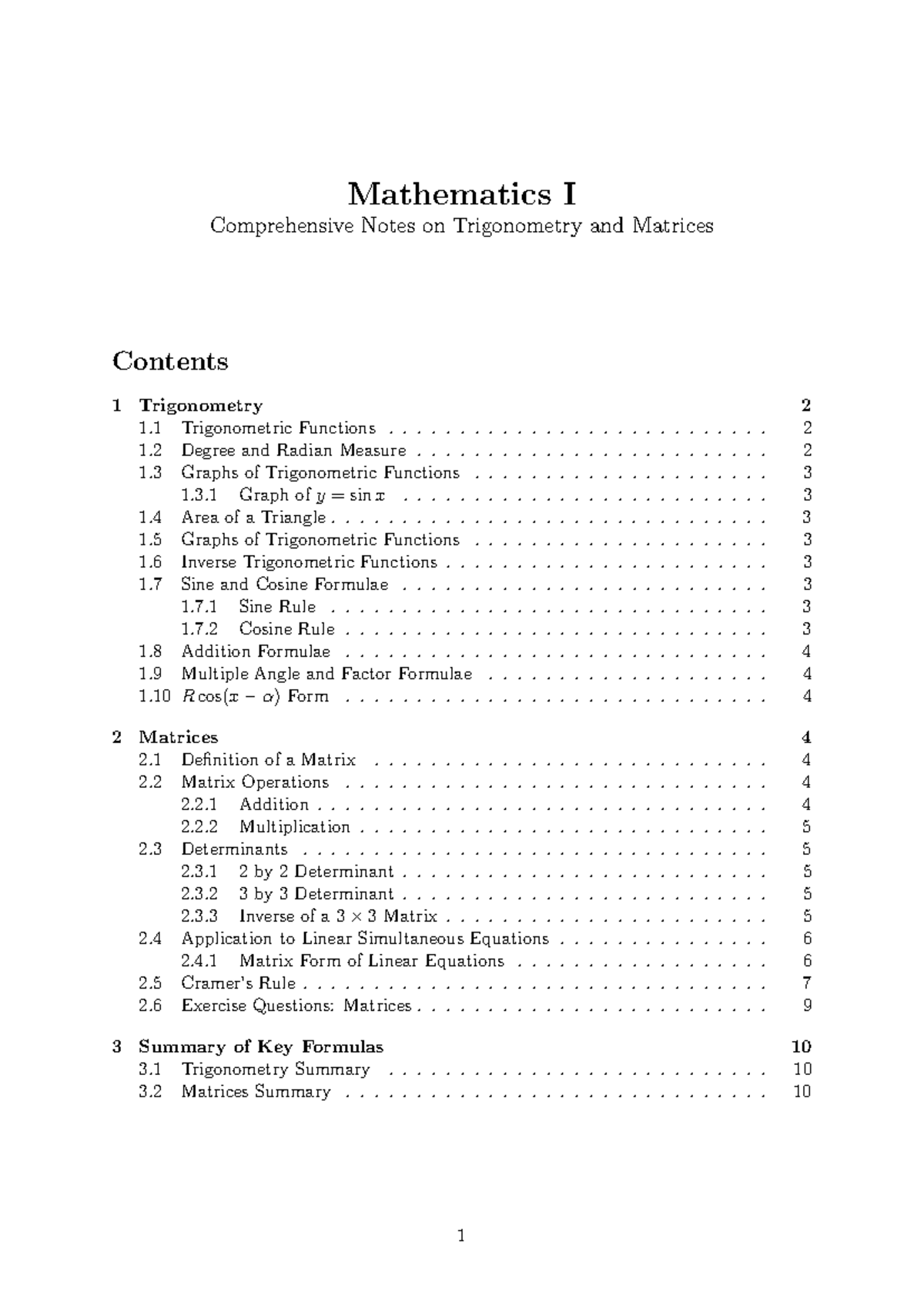 Mathematics I Final Exam Notes: Trigonometry & Matrices - Studocu