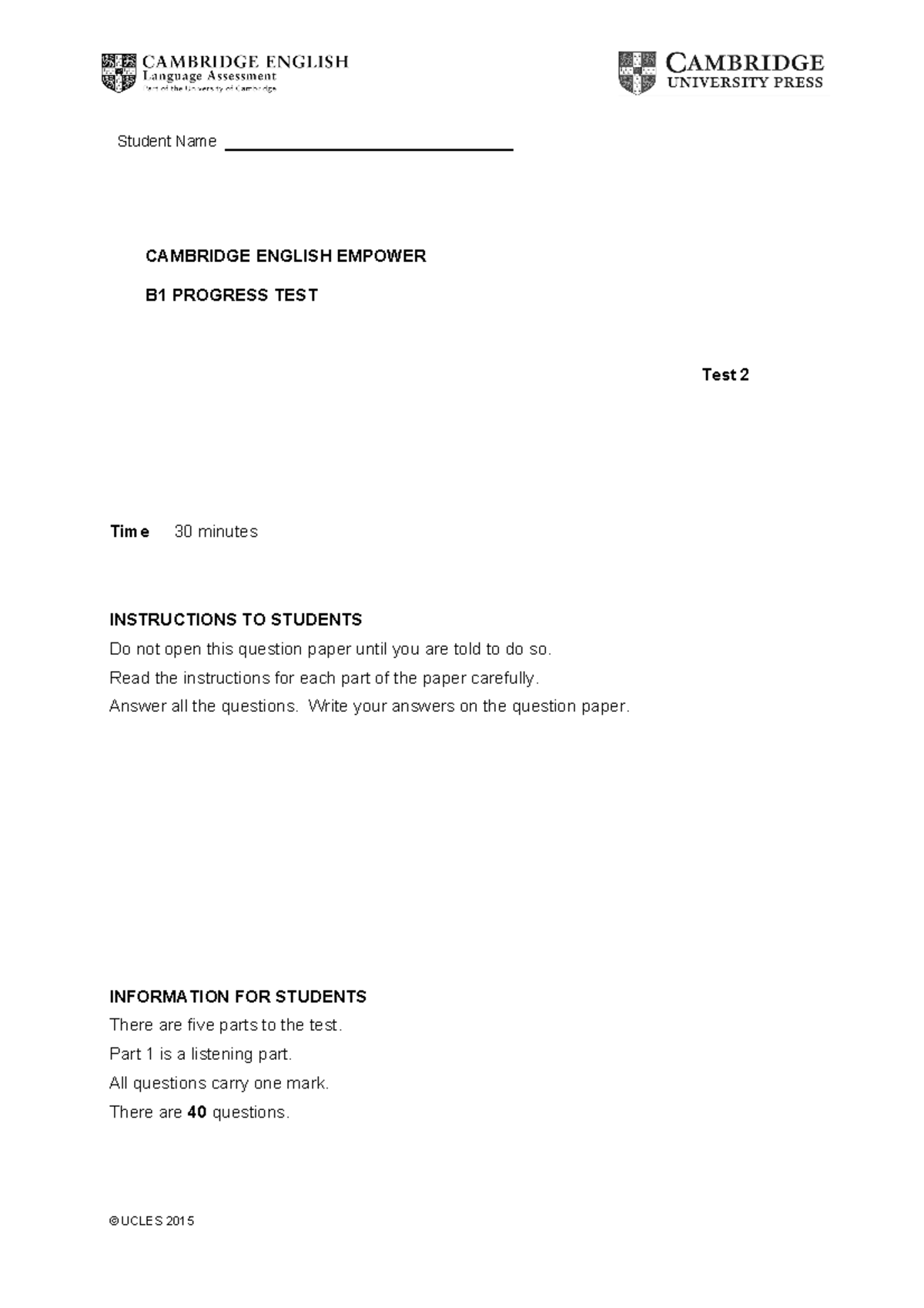 Unit 2 Progress Test - Cambridge English Empower B1 - Studocu