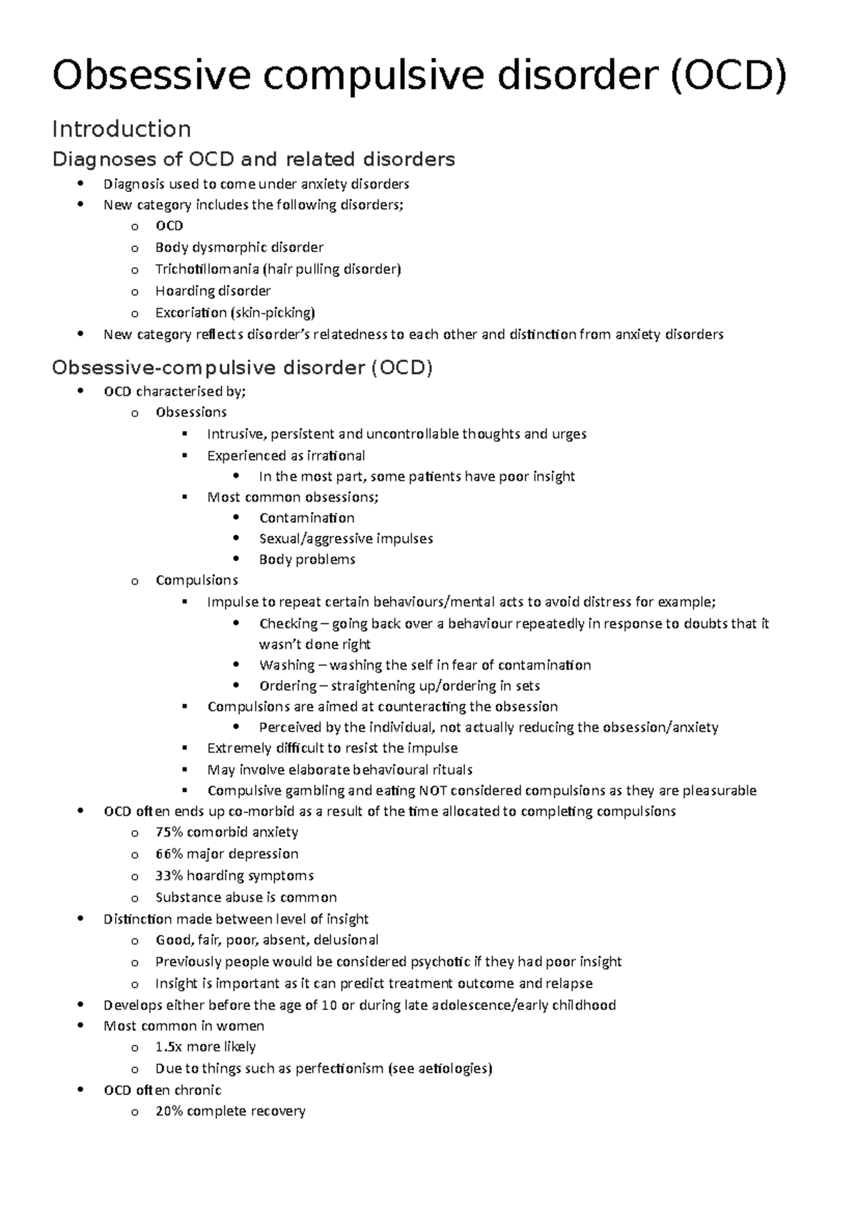 OCD Final Exam Study Notes: Diagnoses, Cycle, and Treatments - Studocu