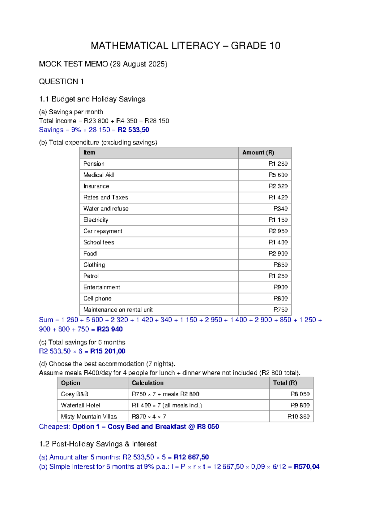 Mathematical Literacy Gr10 Mock Test Memo - Budget & Savings Analysis ...